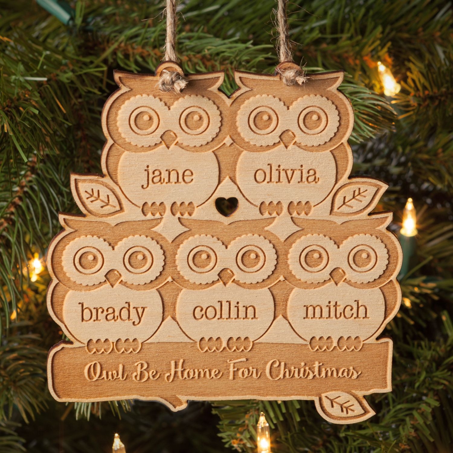 Five Owl Wood Christmas Personalized Ornament