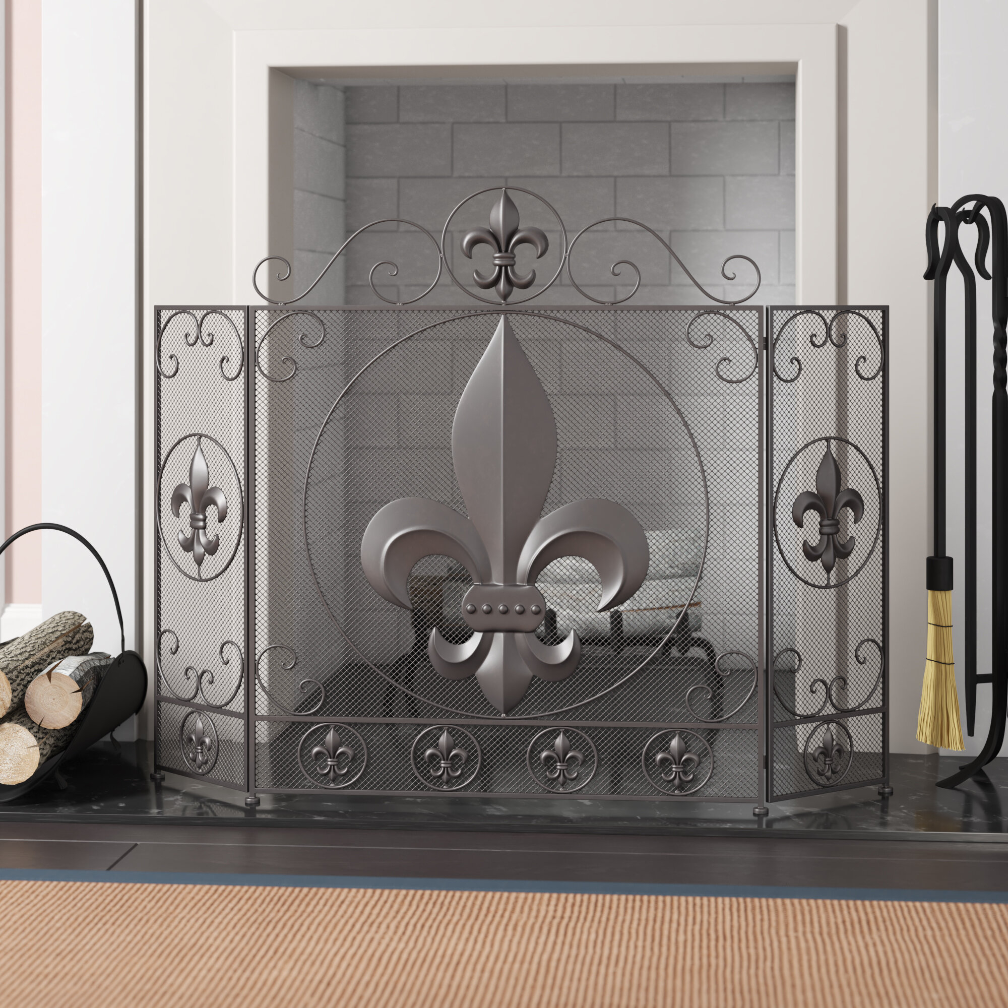Fleur De Lis Multi Panel Metal Fireplace Screen