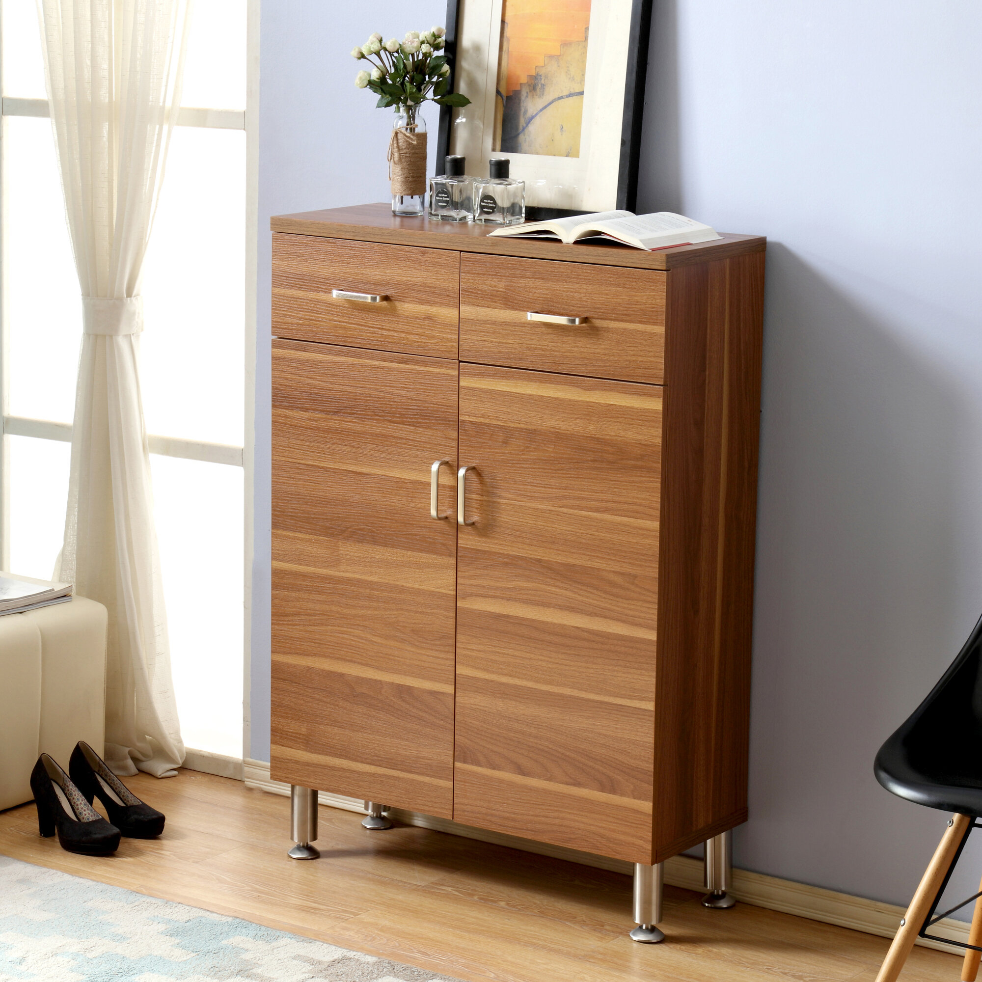Freestanding Walnut Manufactured Wood Shoe Storage Cabinet
