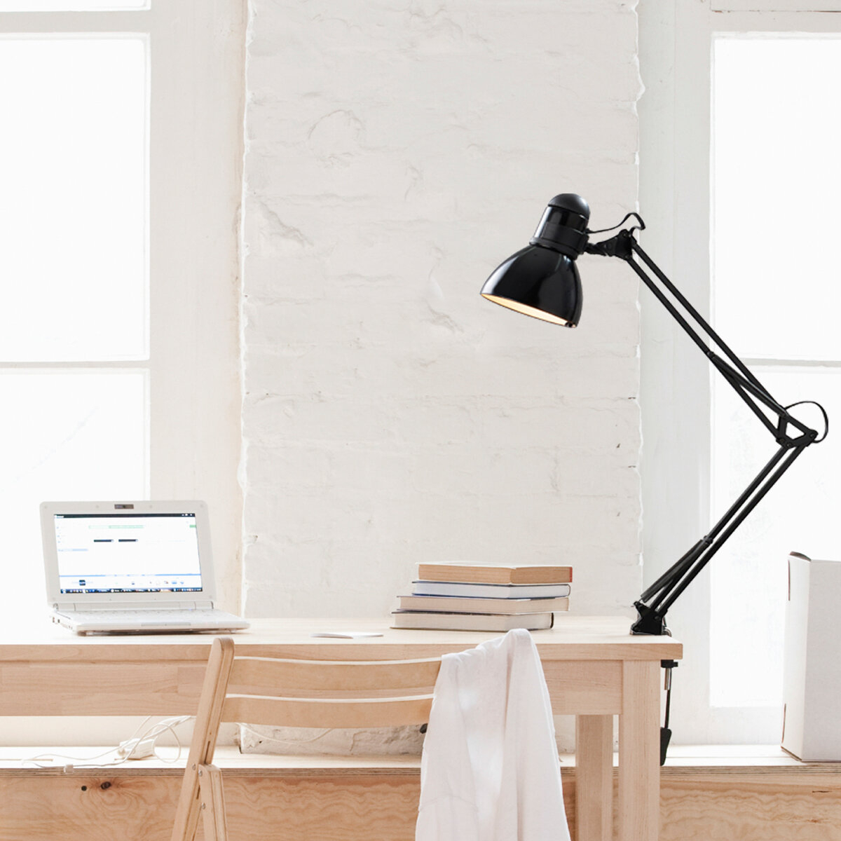Glossy Black Metal Swing Arm Clip On Lamp