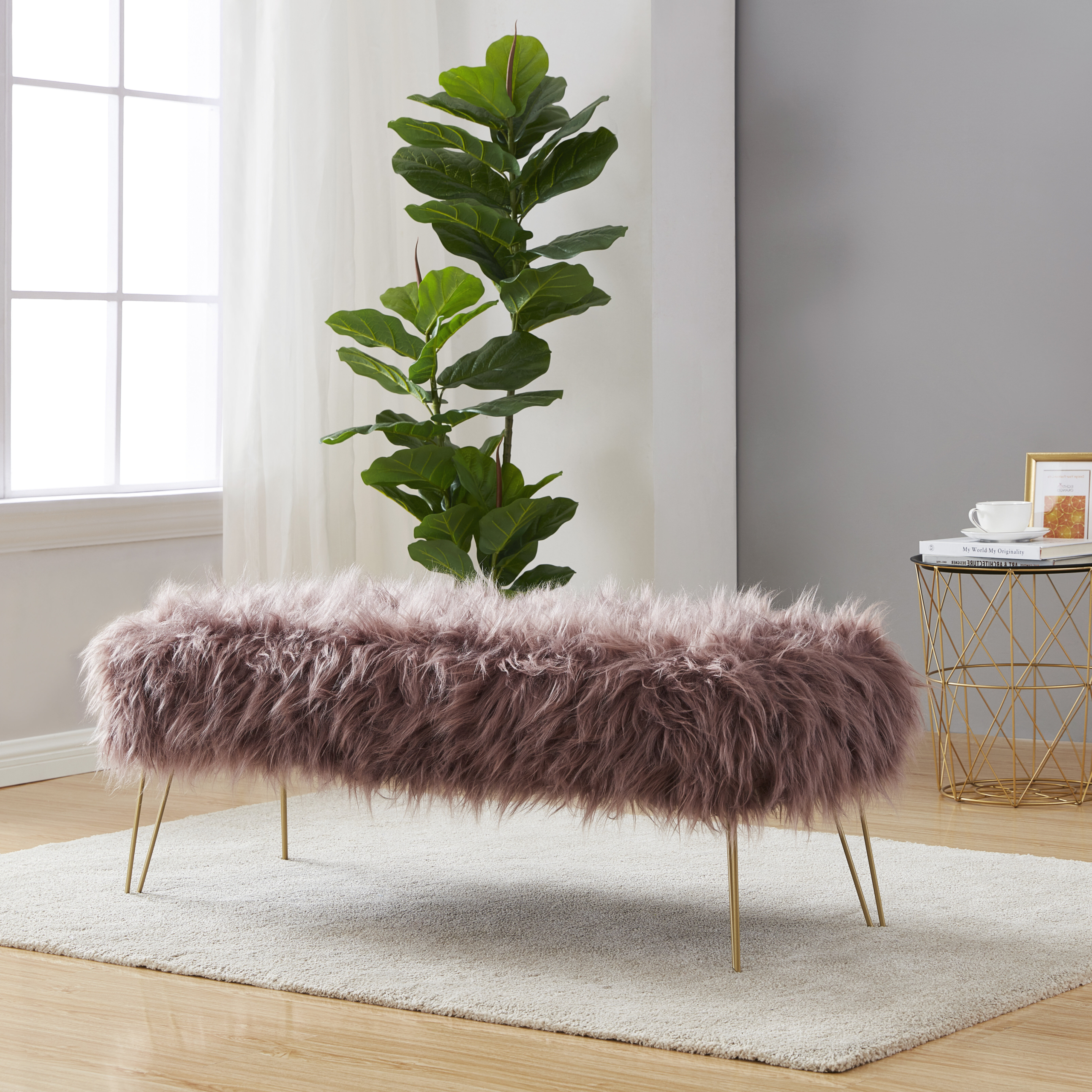 Gold Metal Blush Faux Fur Ottoman
