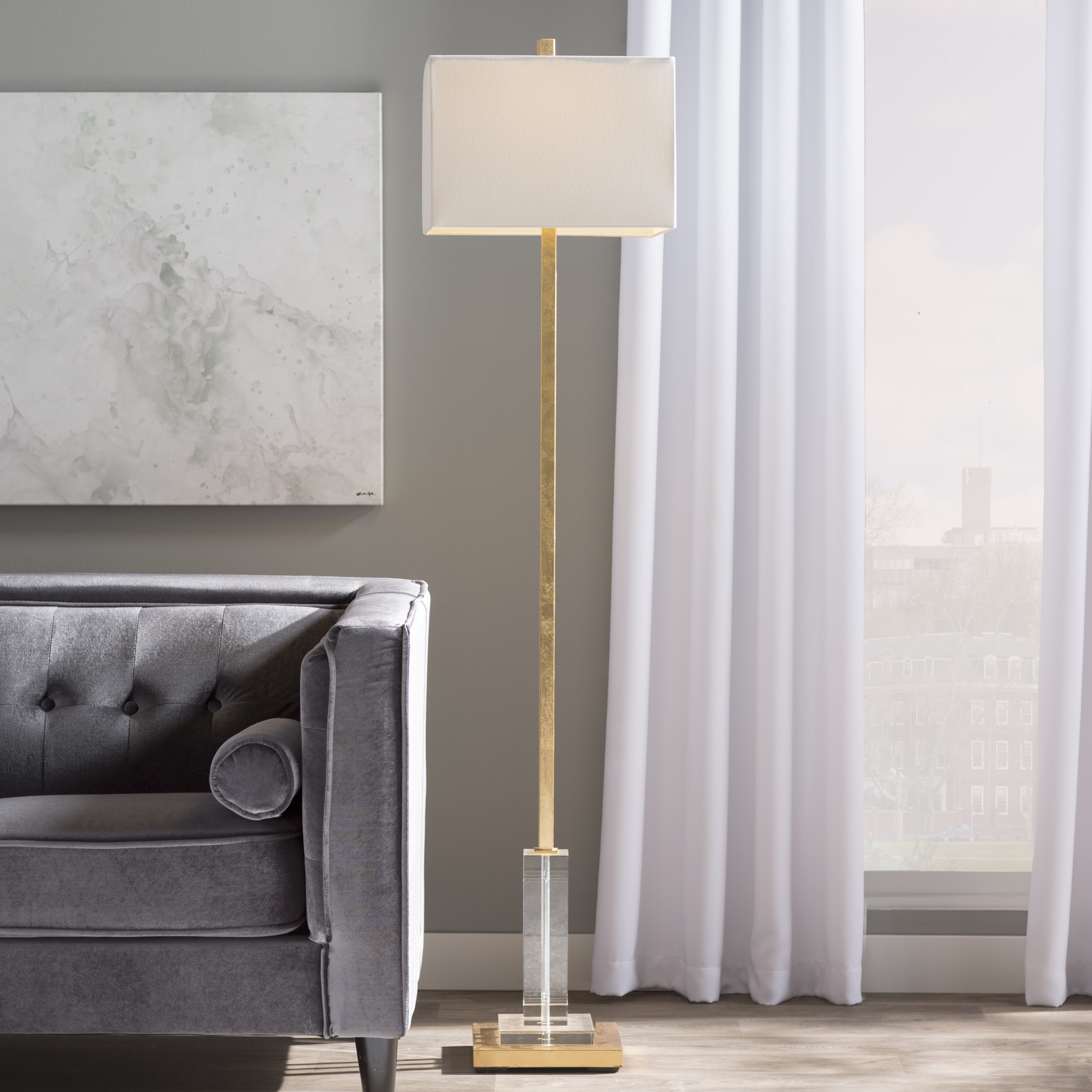 Gold Metal Floor Lamp With Square Shade
