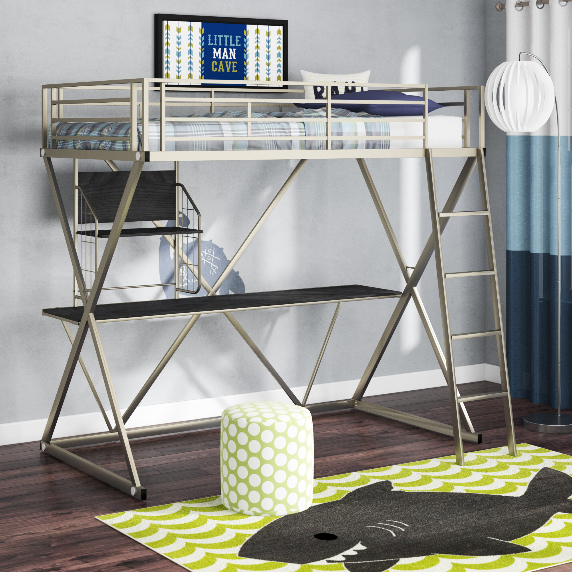Gold Metal Loft Bed with Bookcase