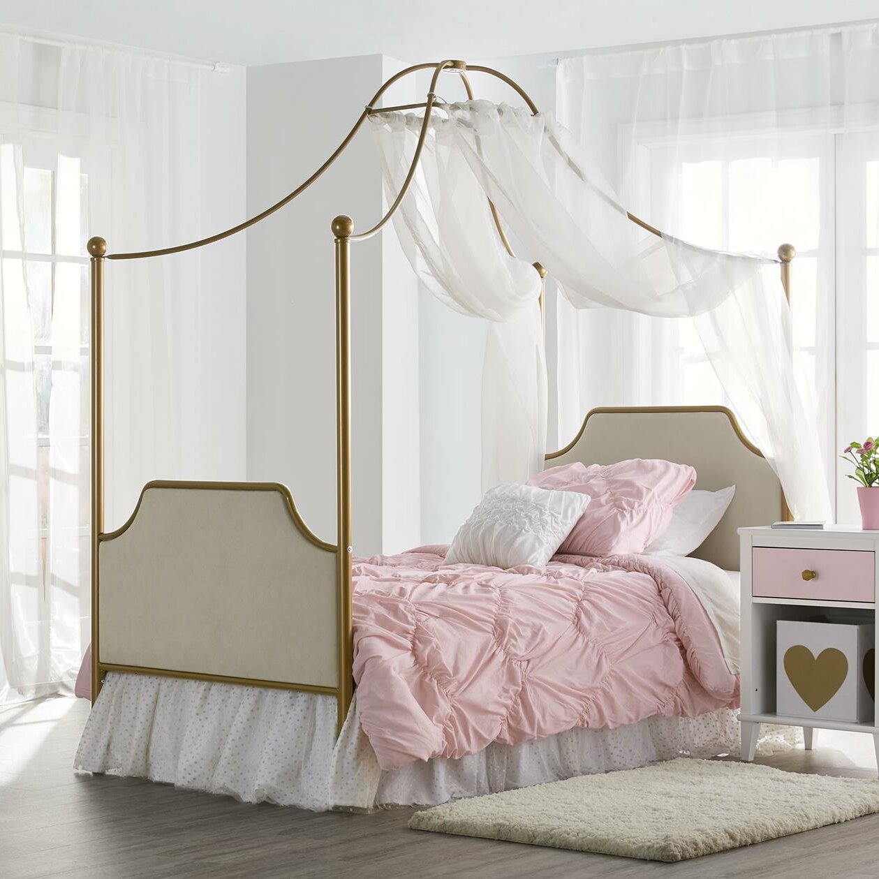 Gold Metal Polyester Twin Canopy Bed