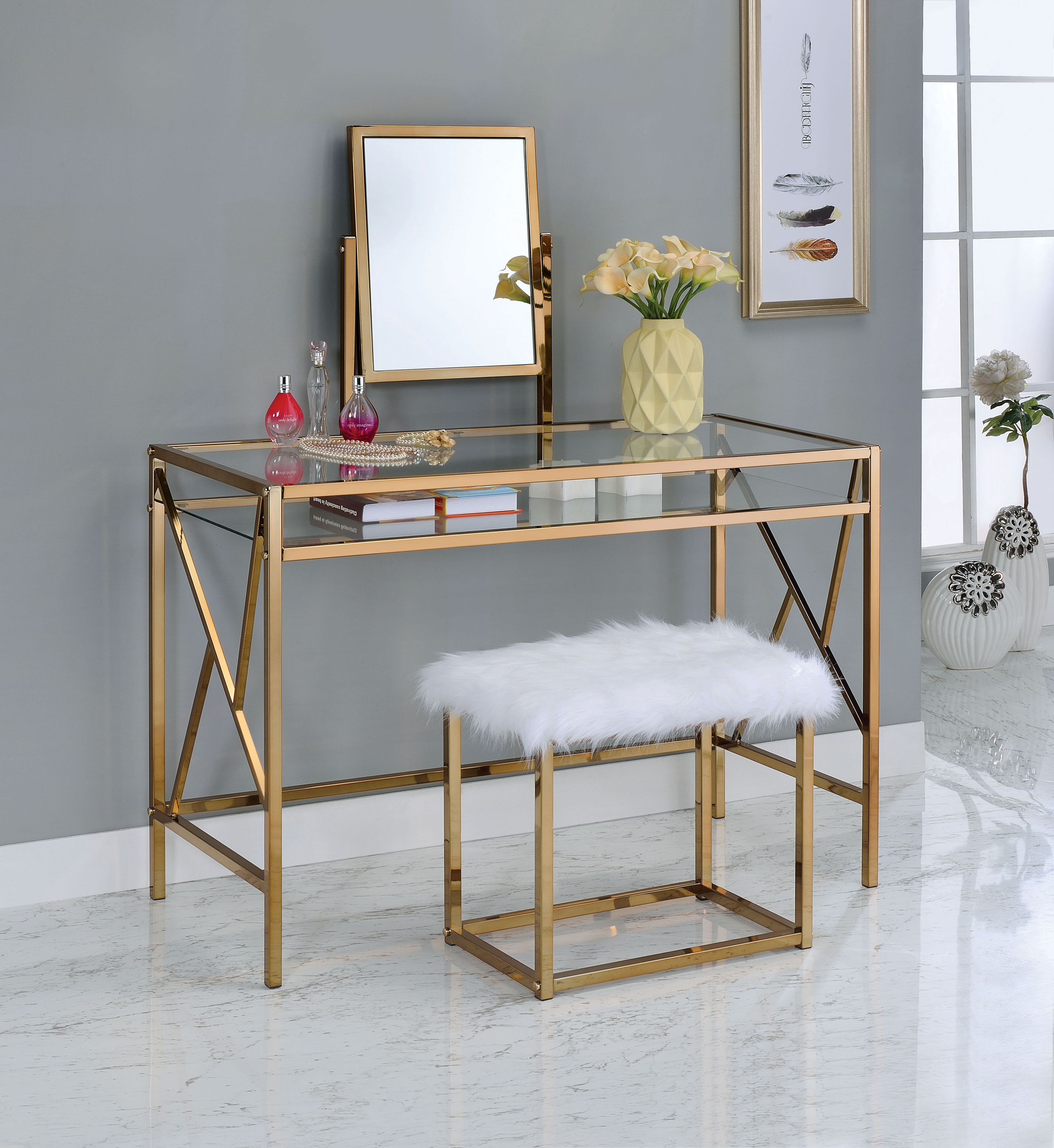 Gold Metal Vanity Set with Stool and Mirror