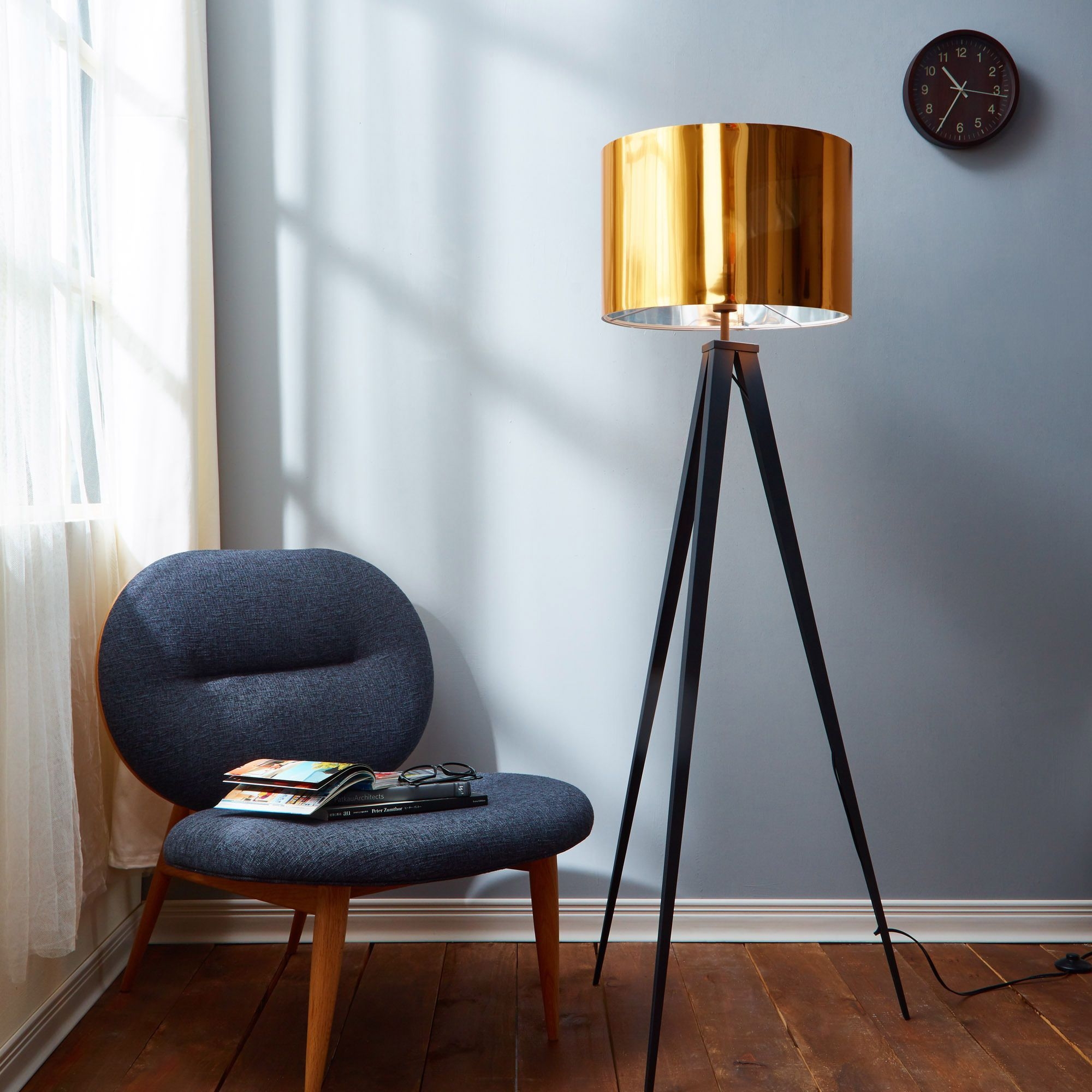 Gold Wood Short Tripod Floor Lamp