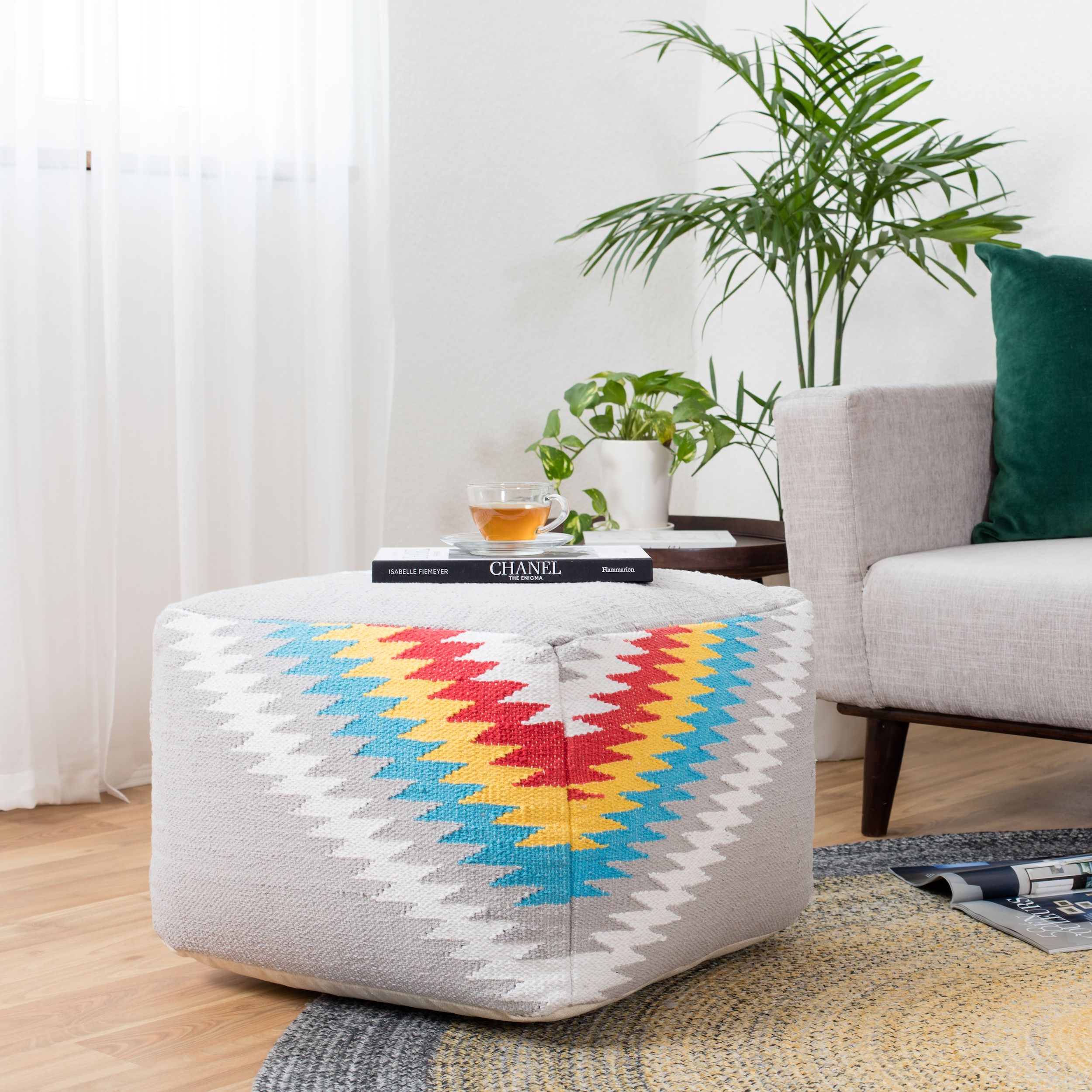 Gray Cotton Synthetic Fiber Square Pouf