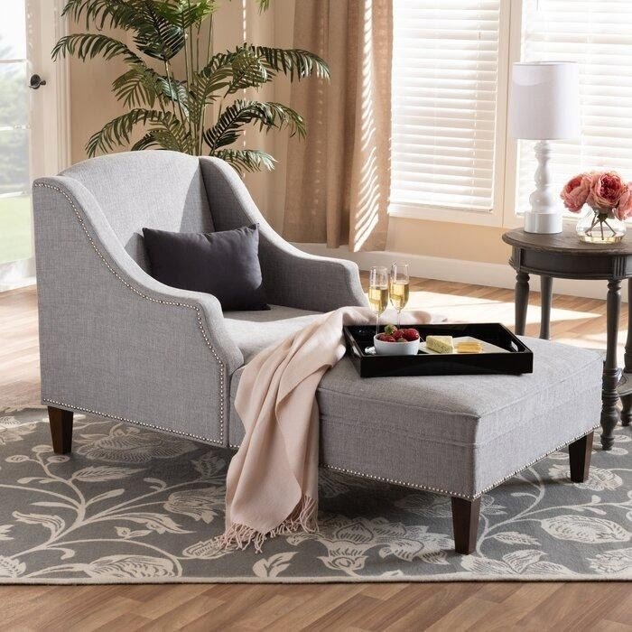 Gray Linen Wood Chaise Lounge
