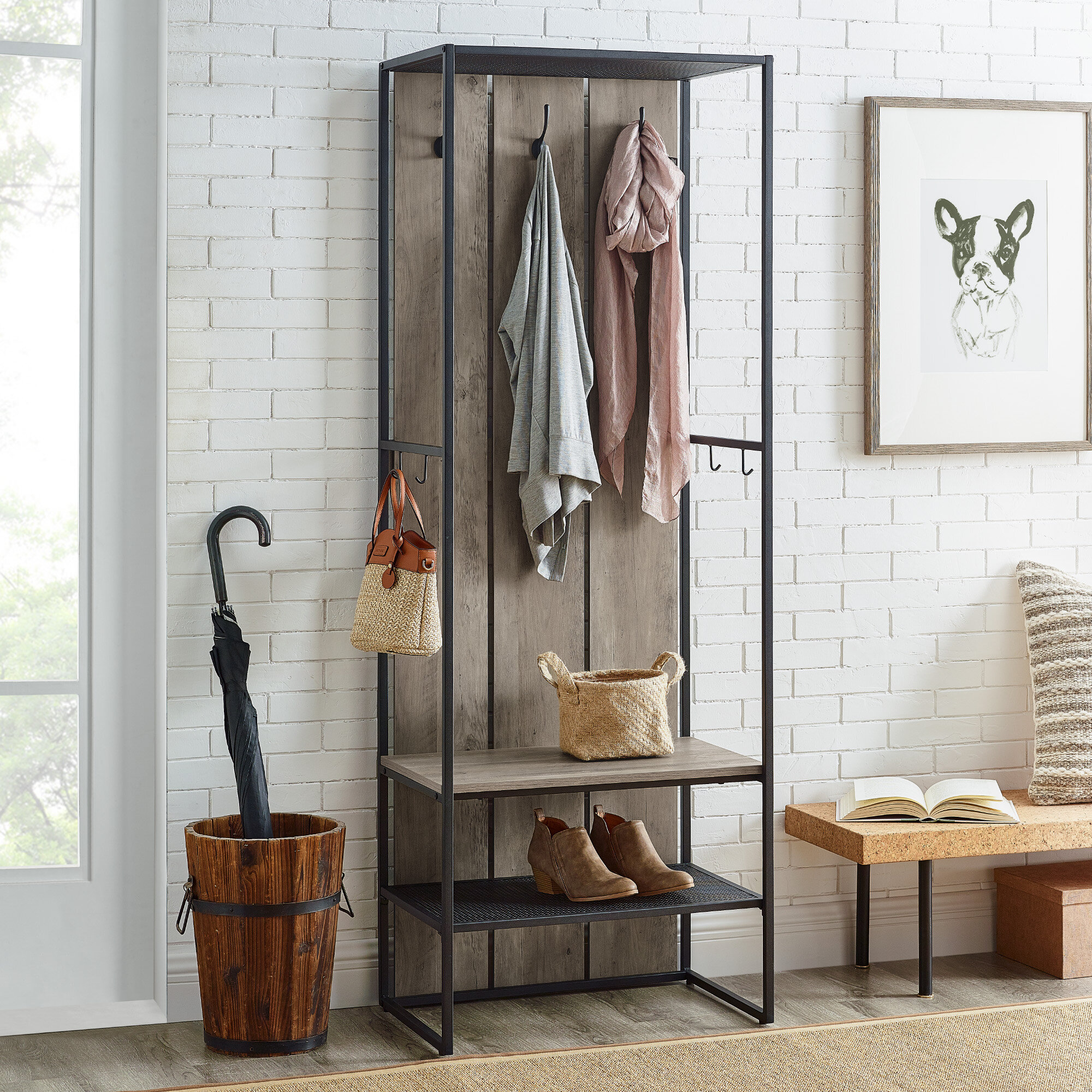 Gray Manufactured Wood Hall Tree With Storage Shelf