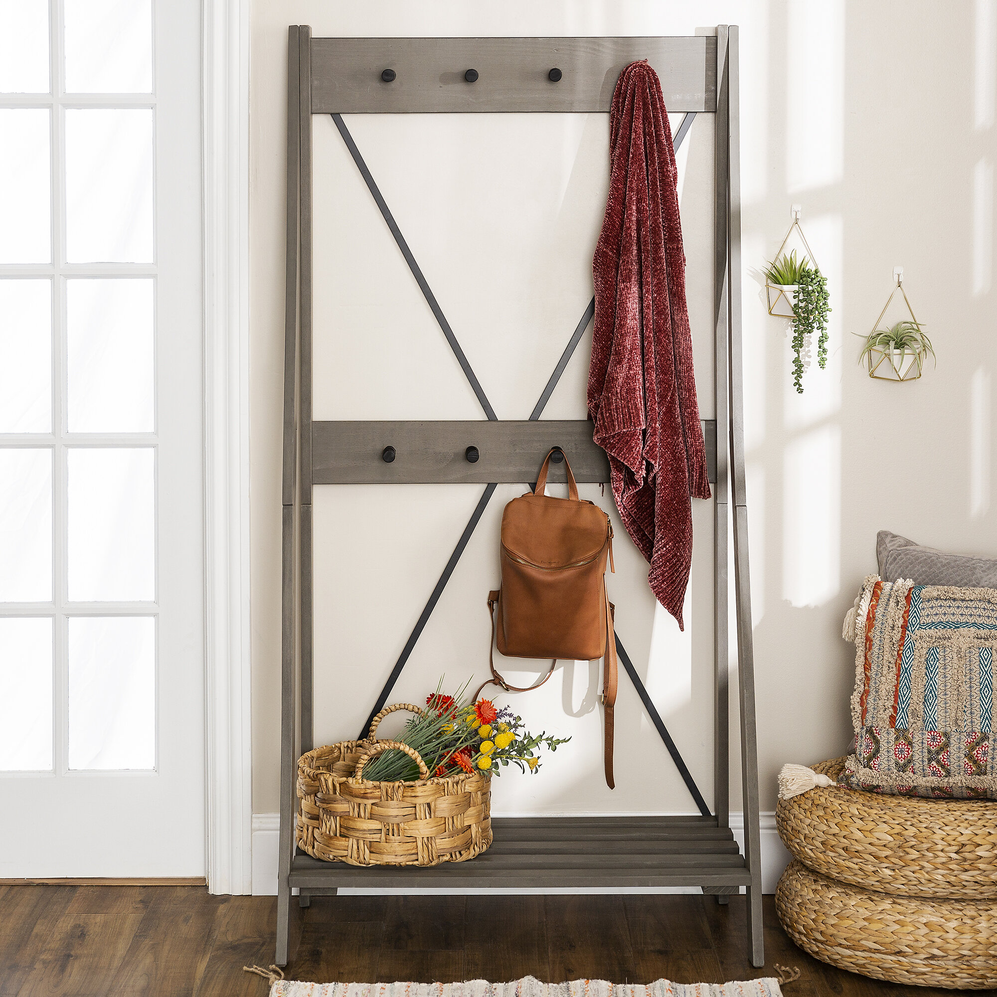 Gray Metal Solid Wood Hall Tree