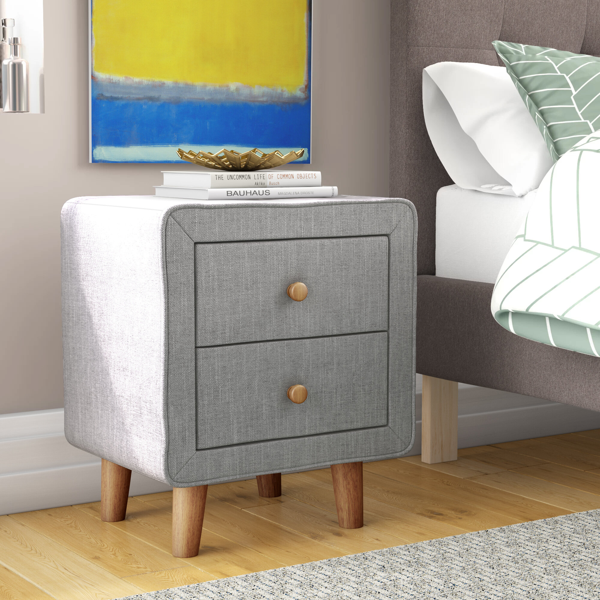 Gray Mid Century Fabric Upholstered Nightstand