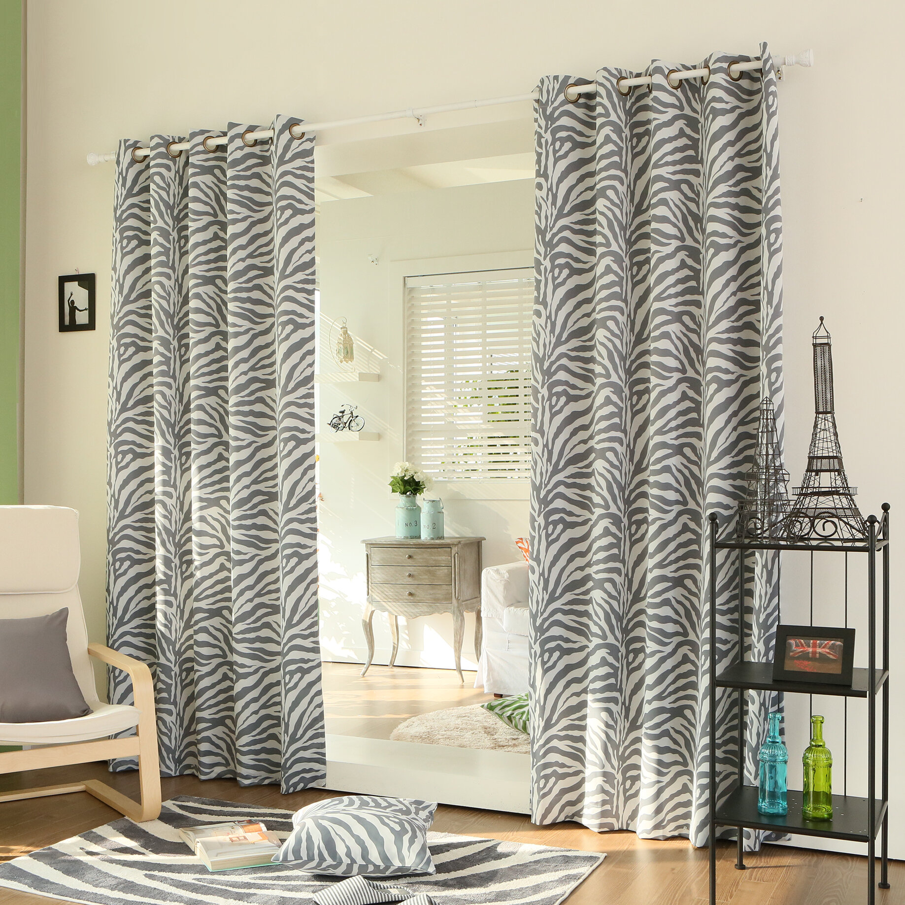 Gray Polyester Animal Print Curtain Panels