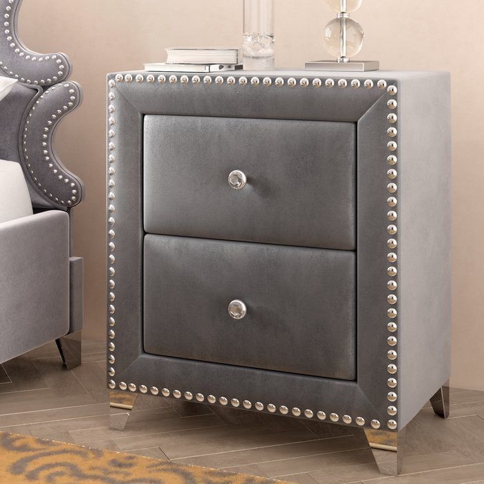 Gray Velvet Solid Wood Nightstand