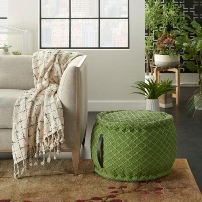 Green Cotton Blend Round Geometric Pouf