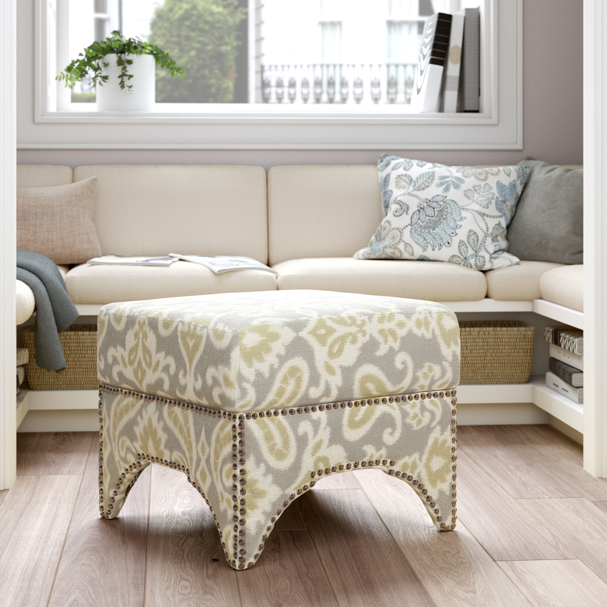 Grey Linen Blend Manufactured Wood Ottoman