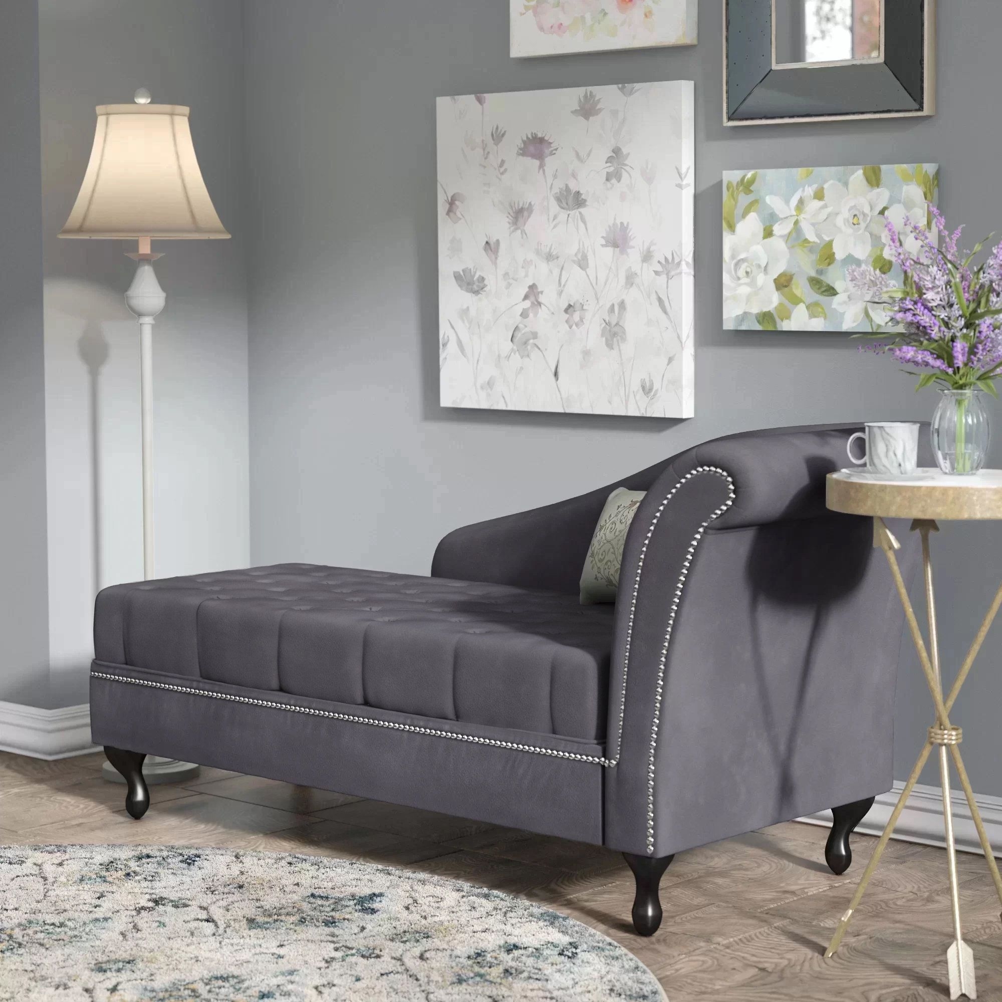 Grey Microsuede Recessed Arms Chaise Lounge