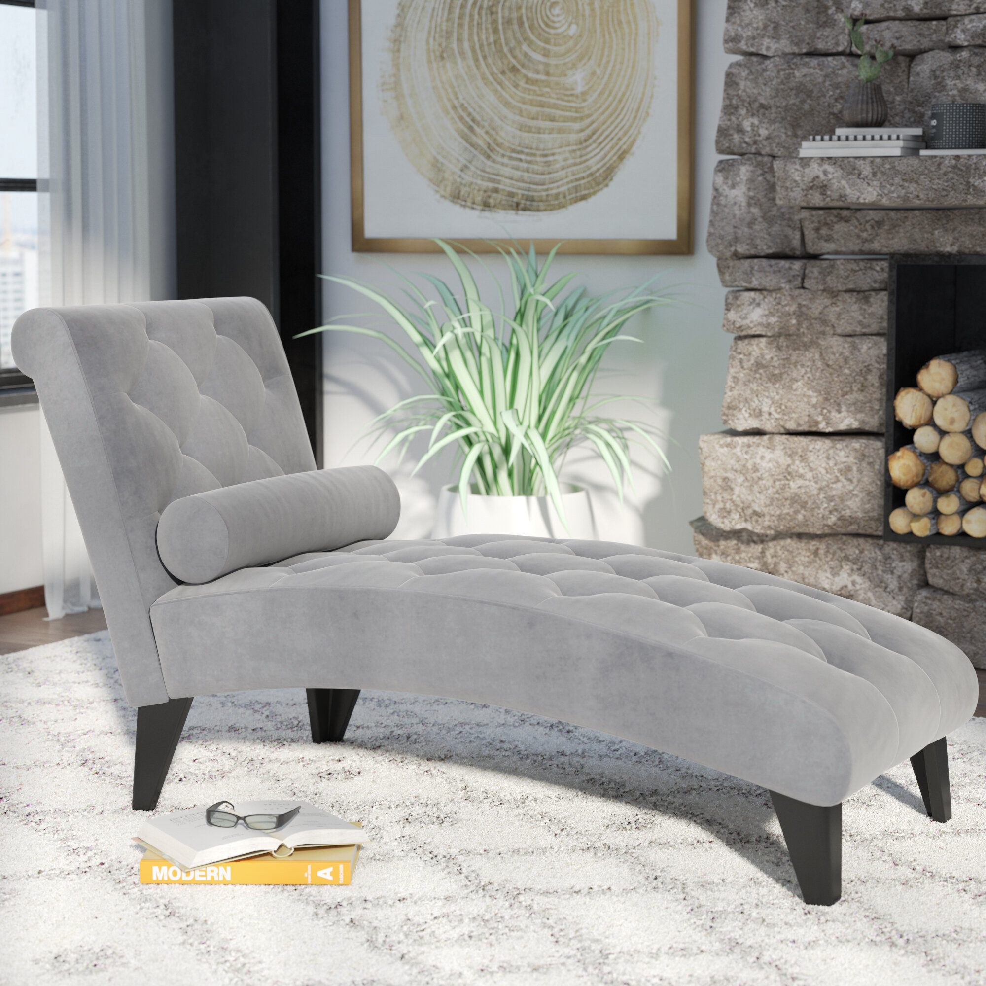 Grey Microsuede Wood Metal Chaise Lounge