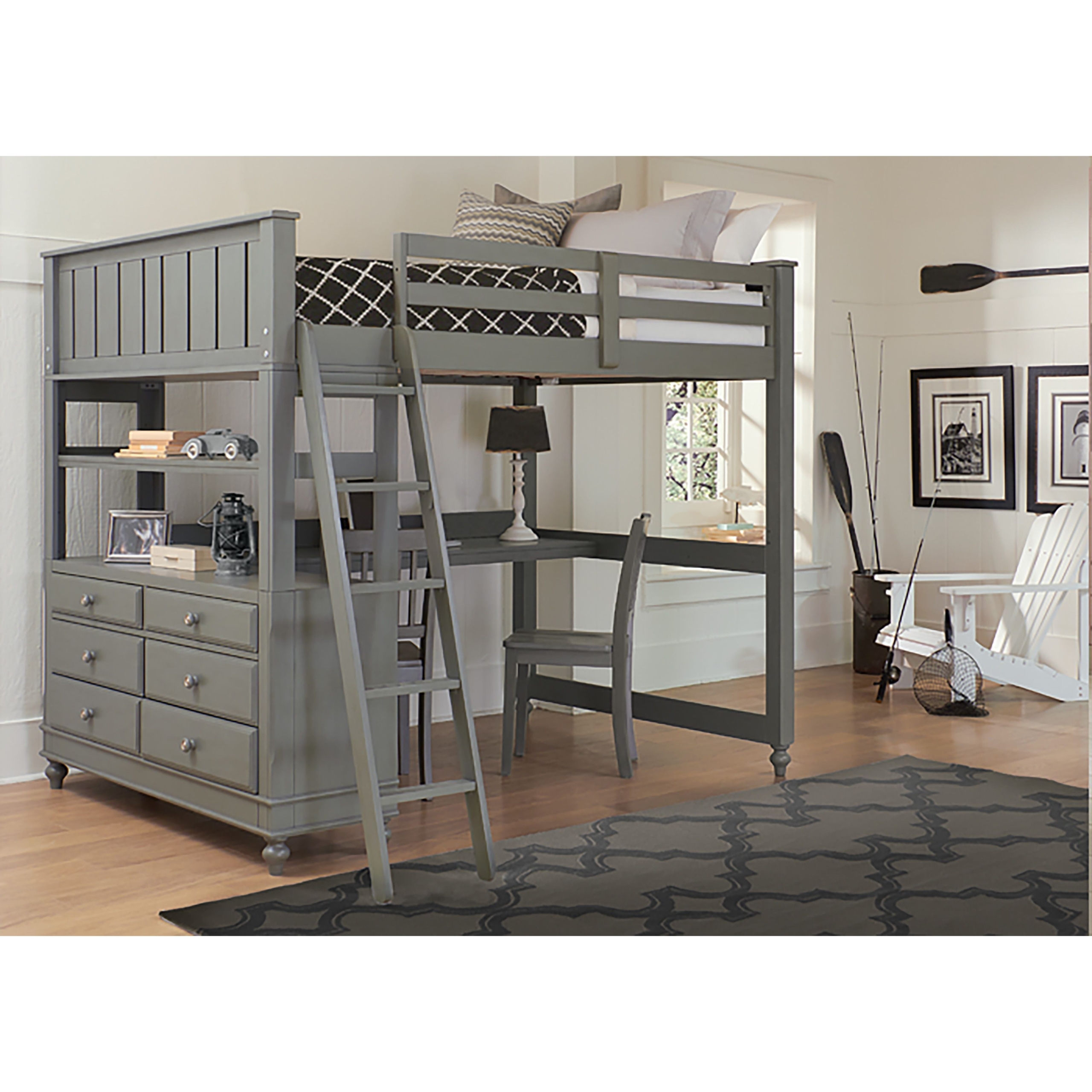Grey Wood Twin Low Loft Bed with Stairs