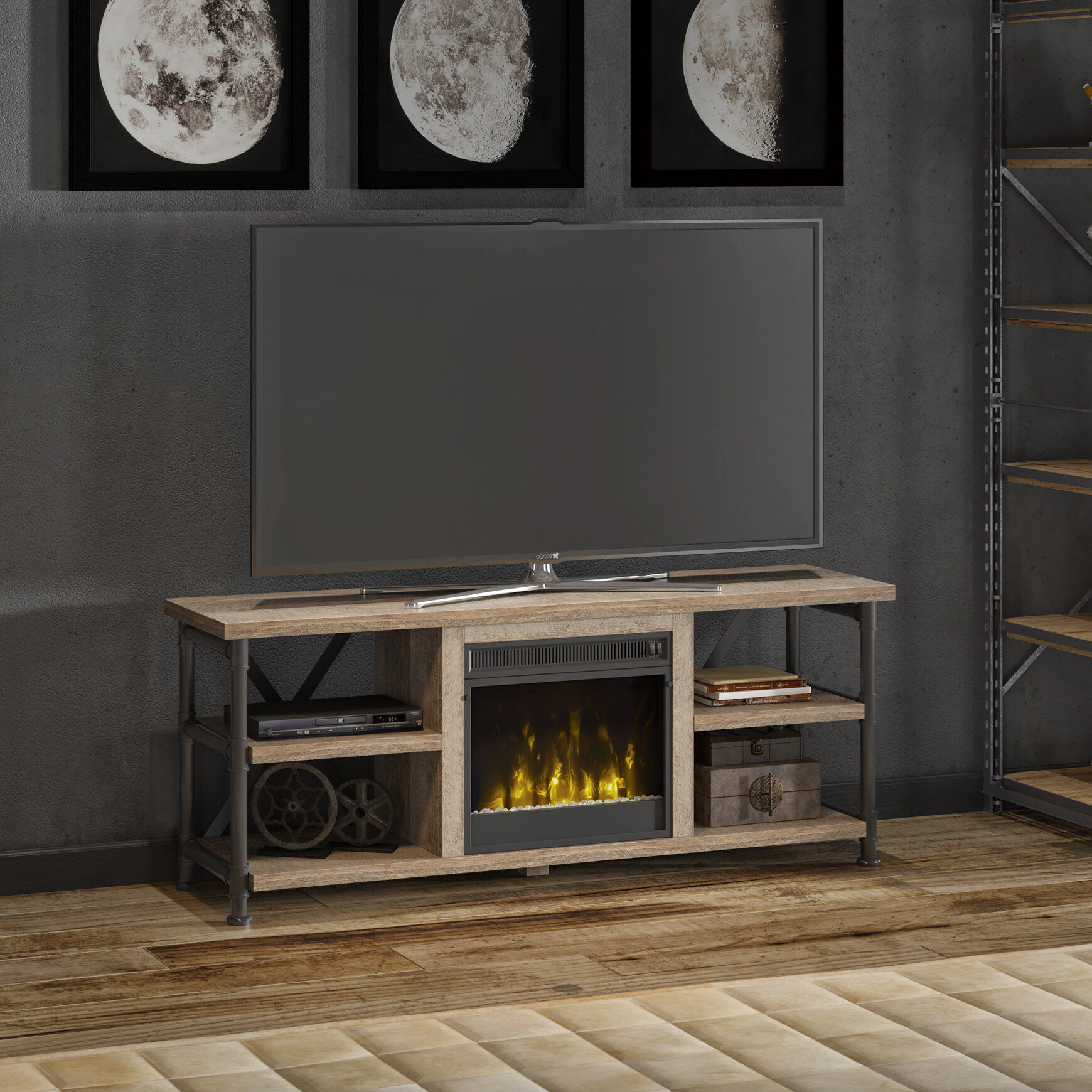 Industrial Wood and Metal Fireplace TV Stand