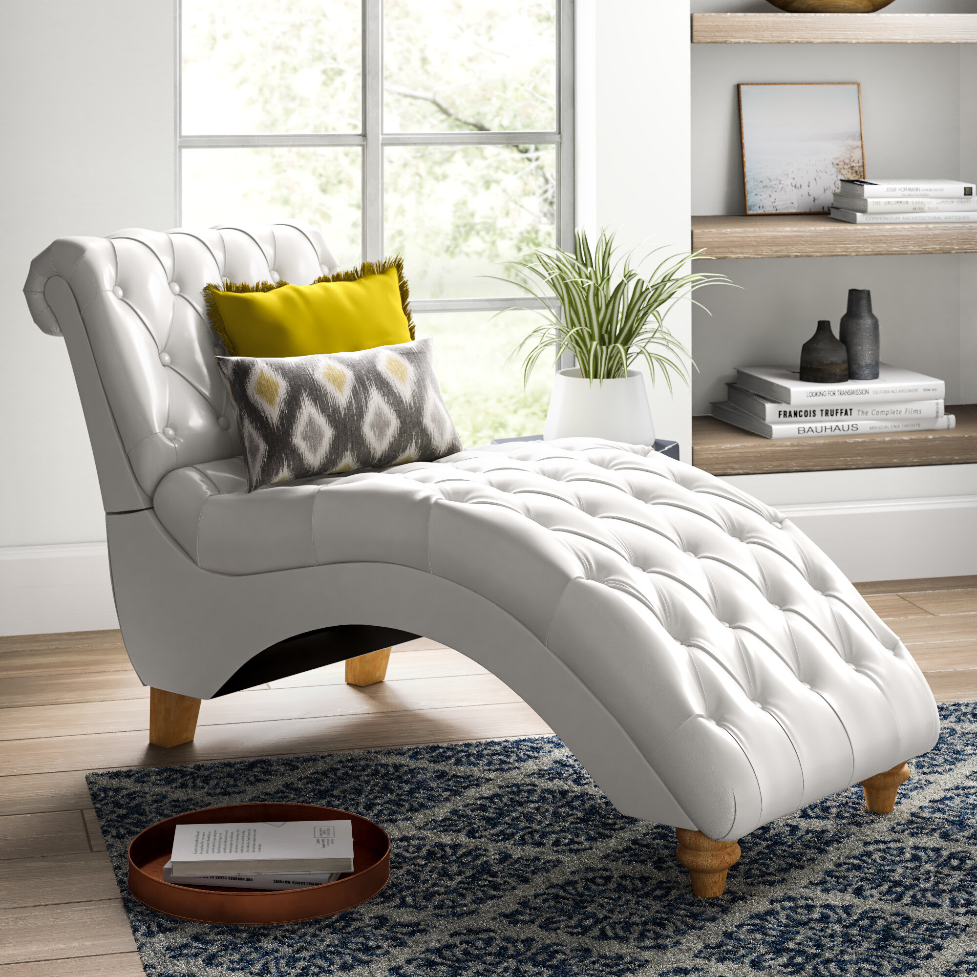 Ivory Faux Leather Wood Chaise Lounge