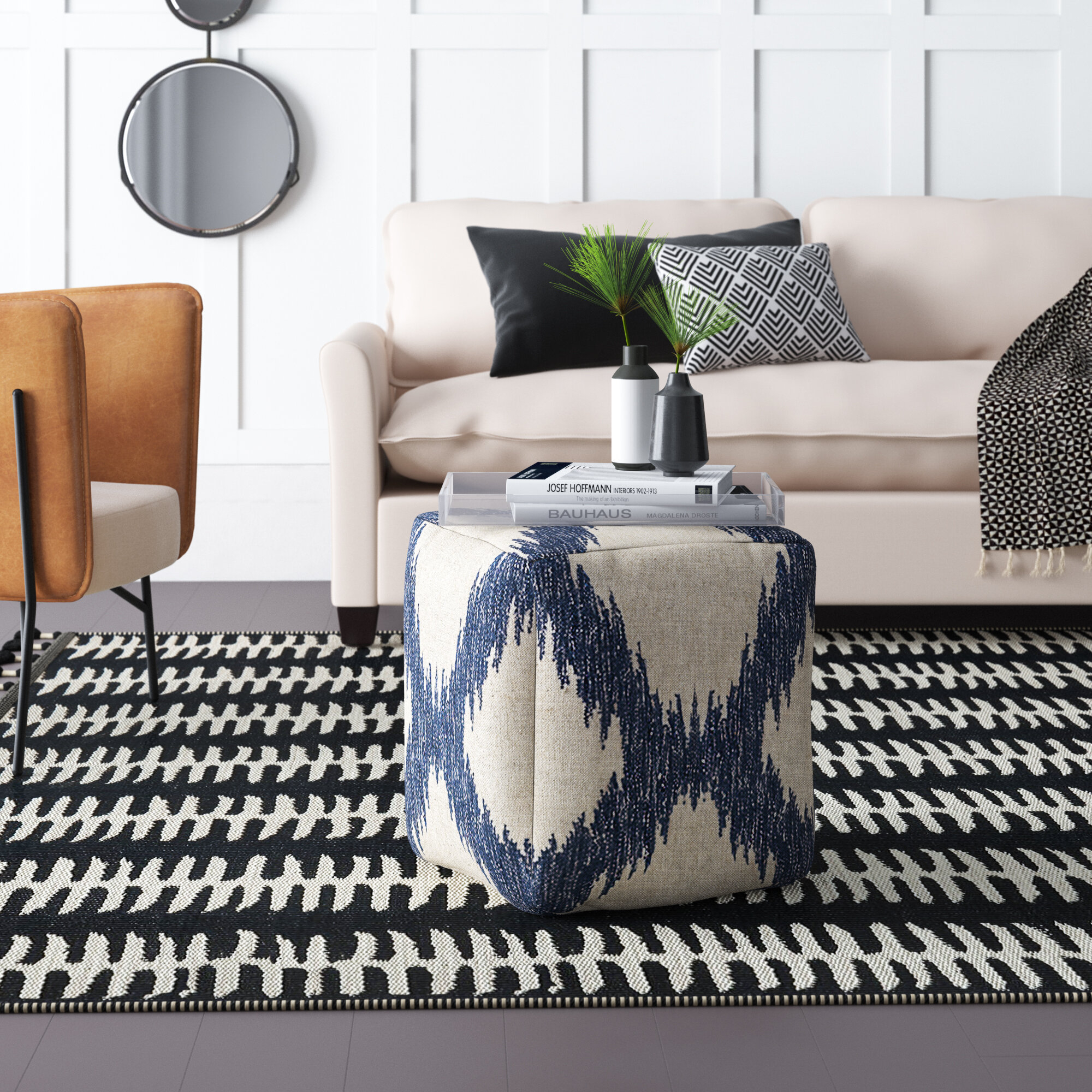 Khaki Navy Wool Square Pouf