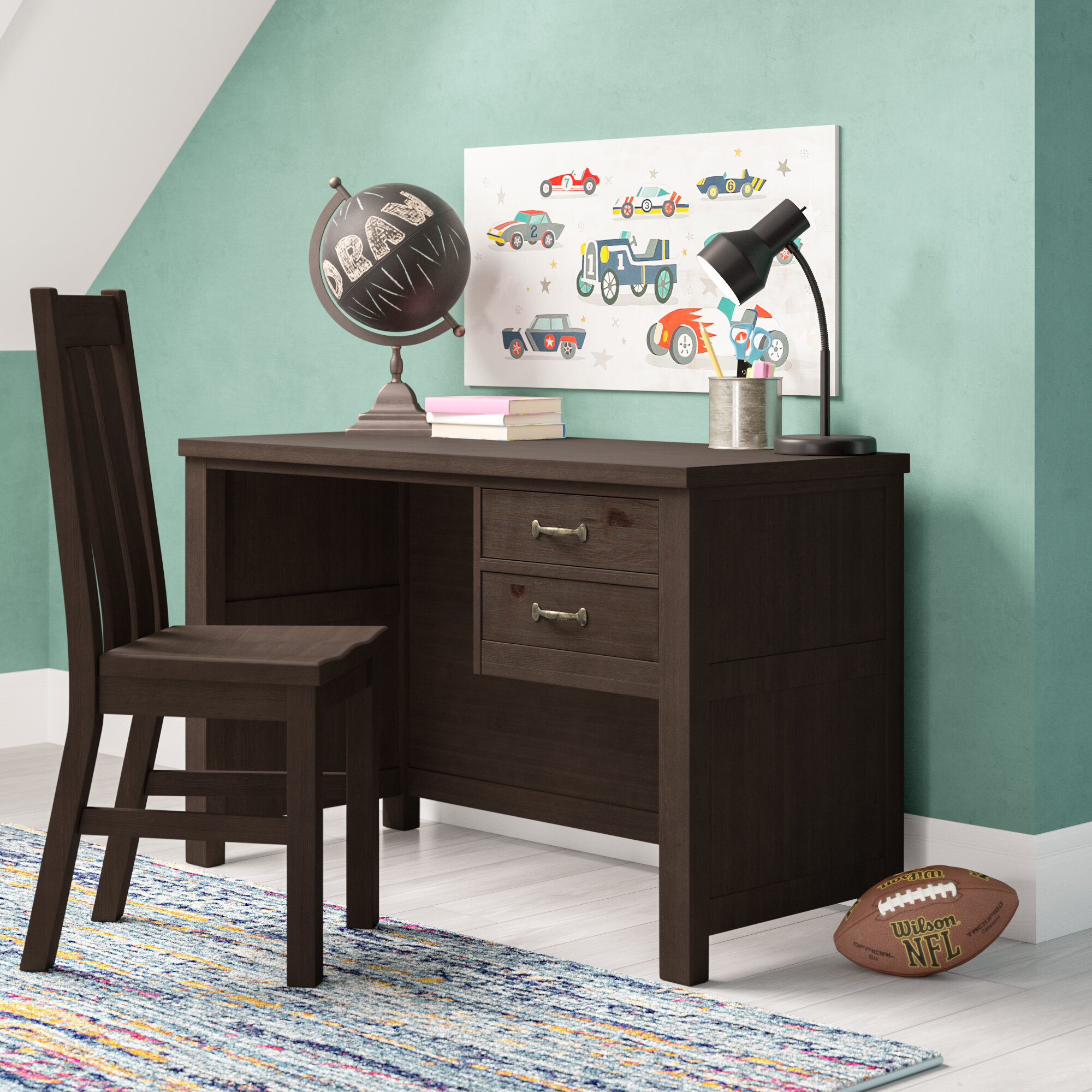Kids Desk with Chair Set in Brown Solid Wood