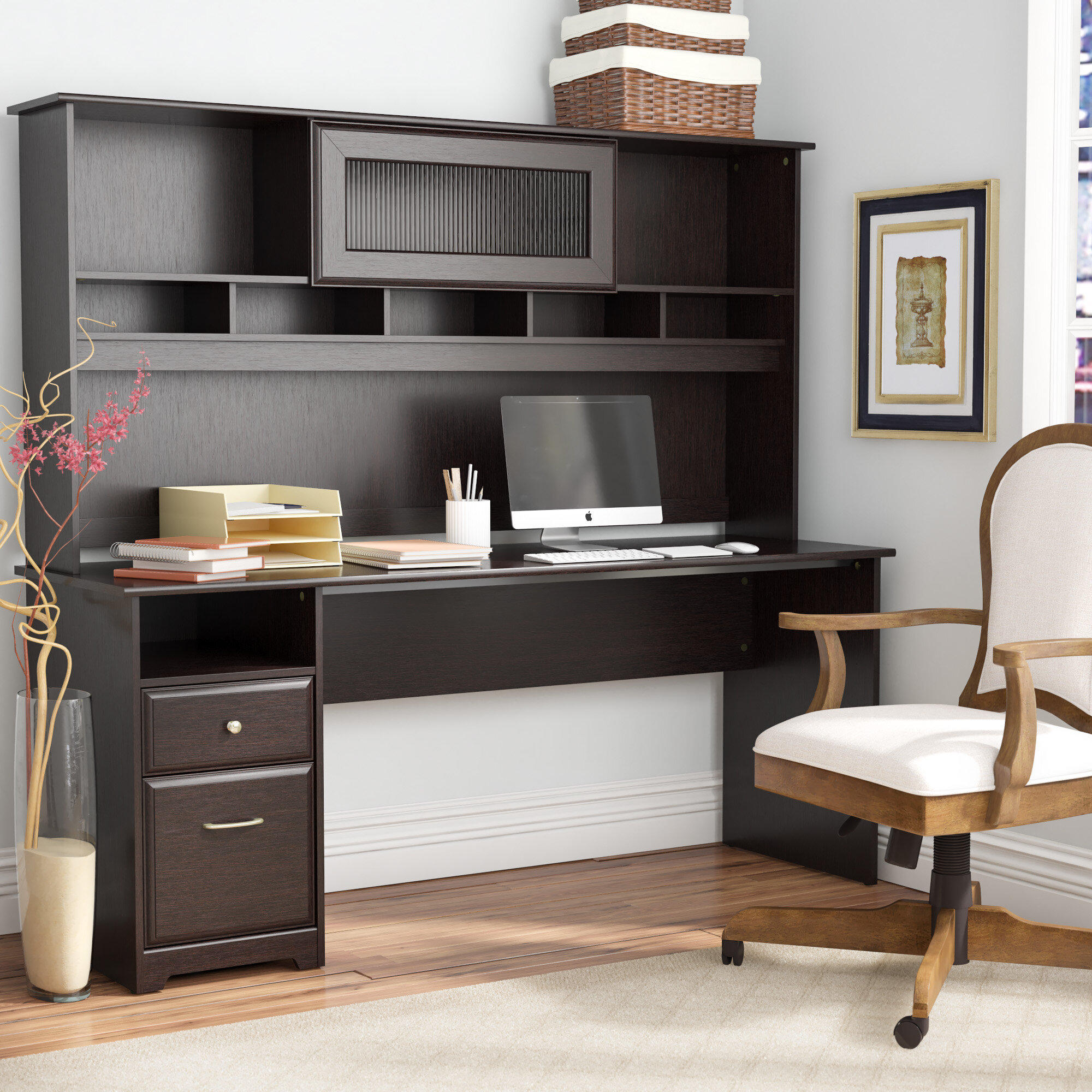 Large Dark Wood Credenza Desk with Hutch