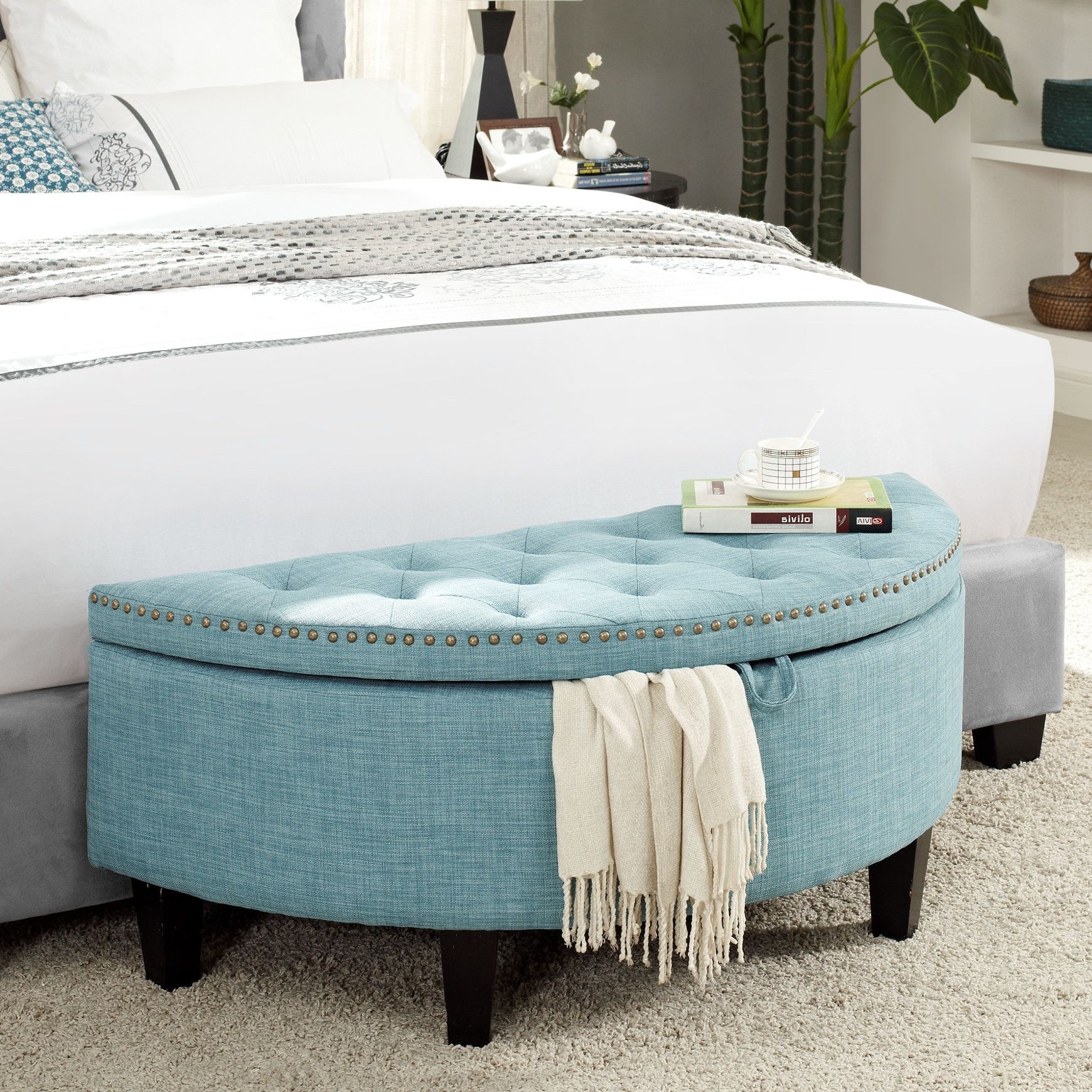 Light Blue Linen Blend Wedge Storage Ottoman