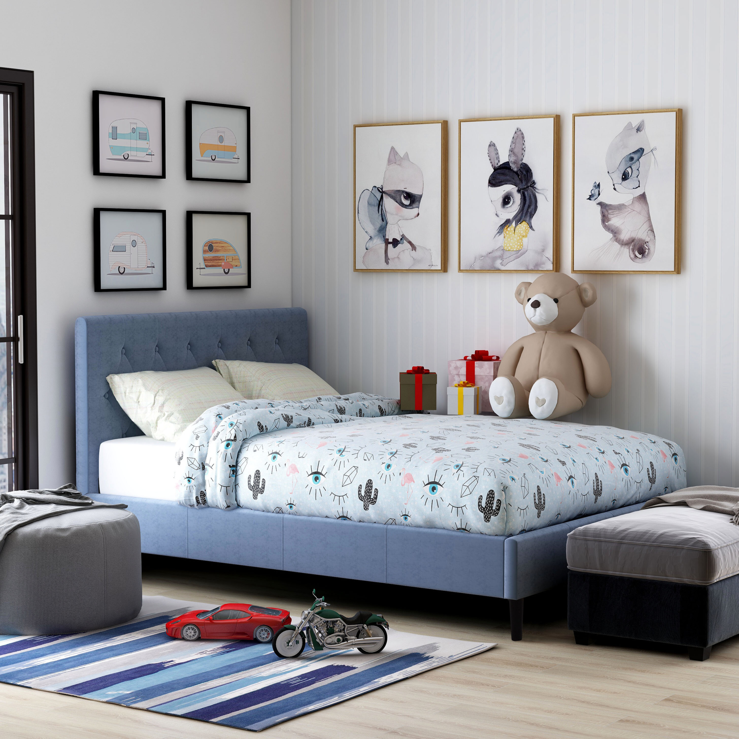 Light Blue Upholstered Queen Platform Bed