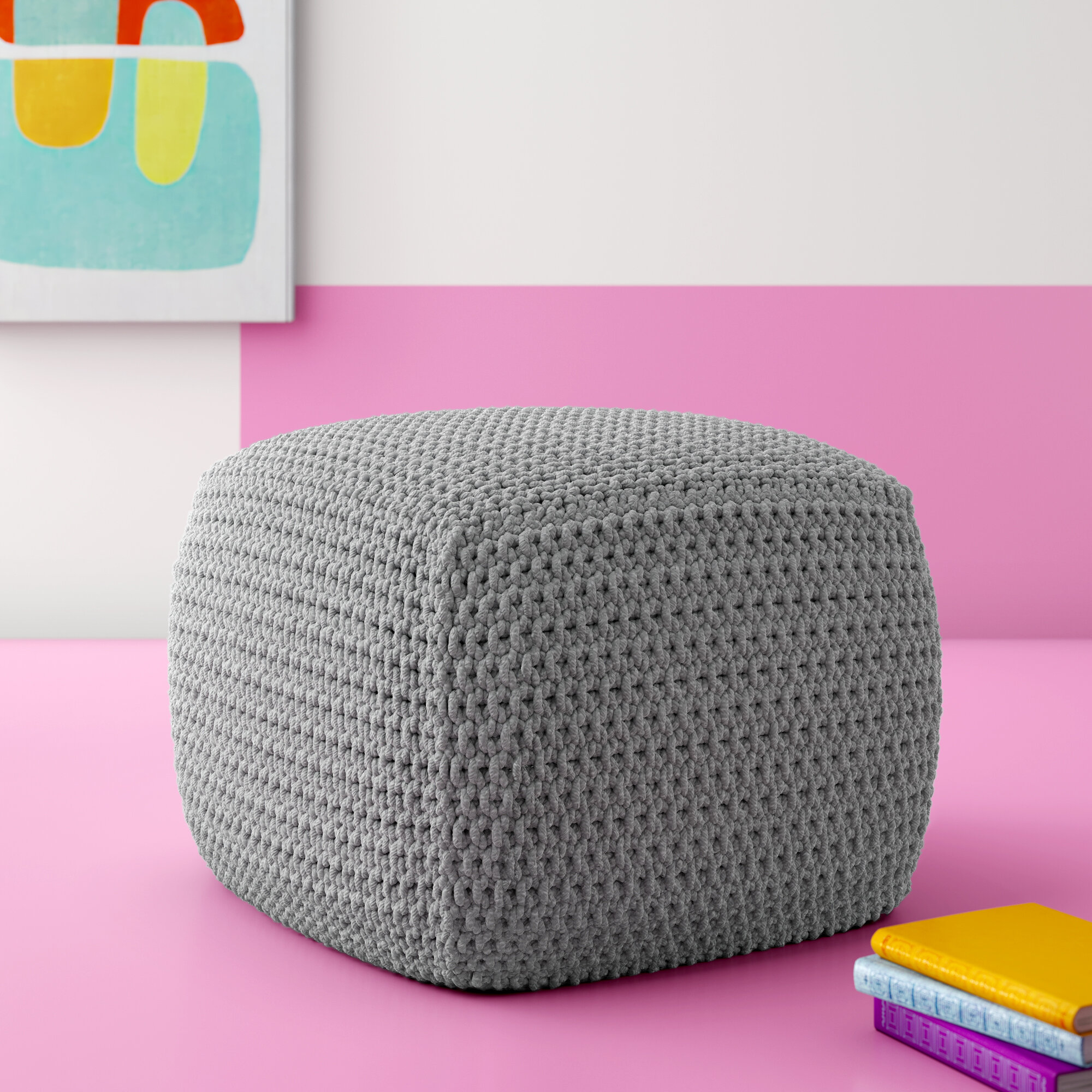 Light Gray Cotton Square Pouf