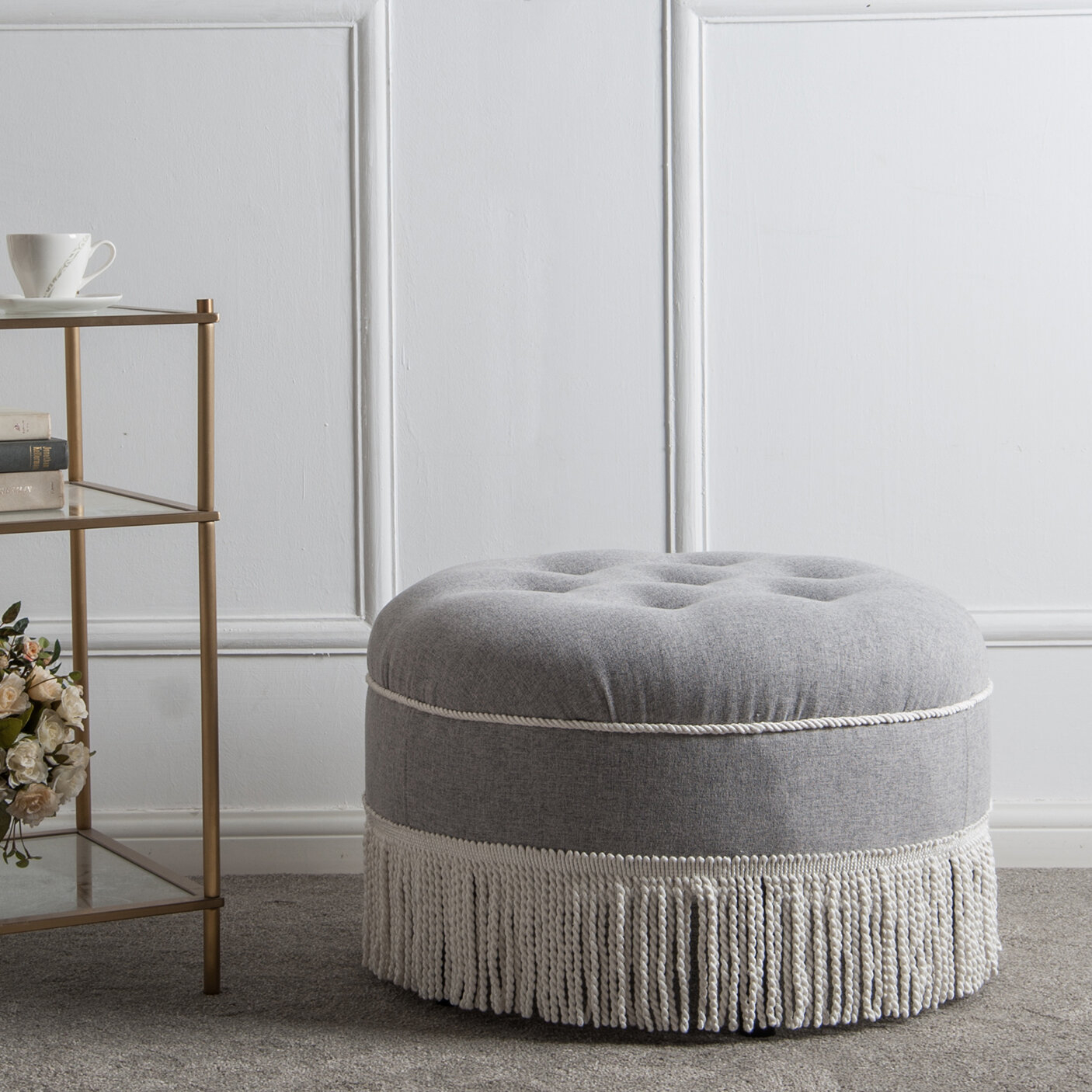 Light Grey Polyester Wood Round Ottoman