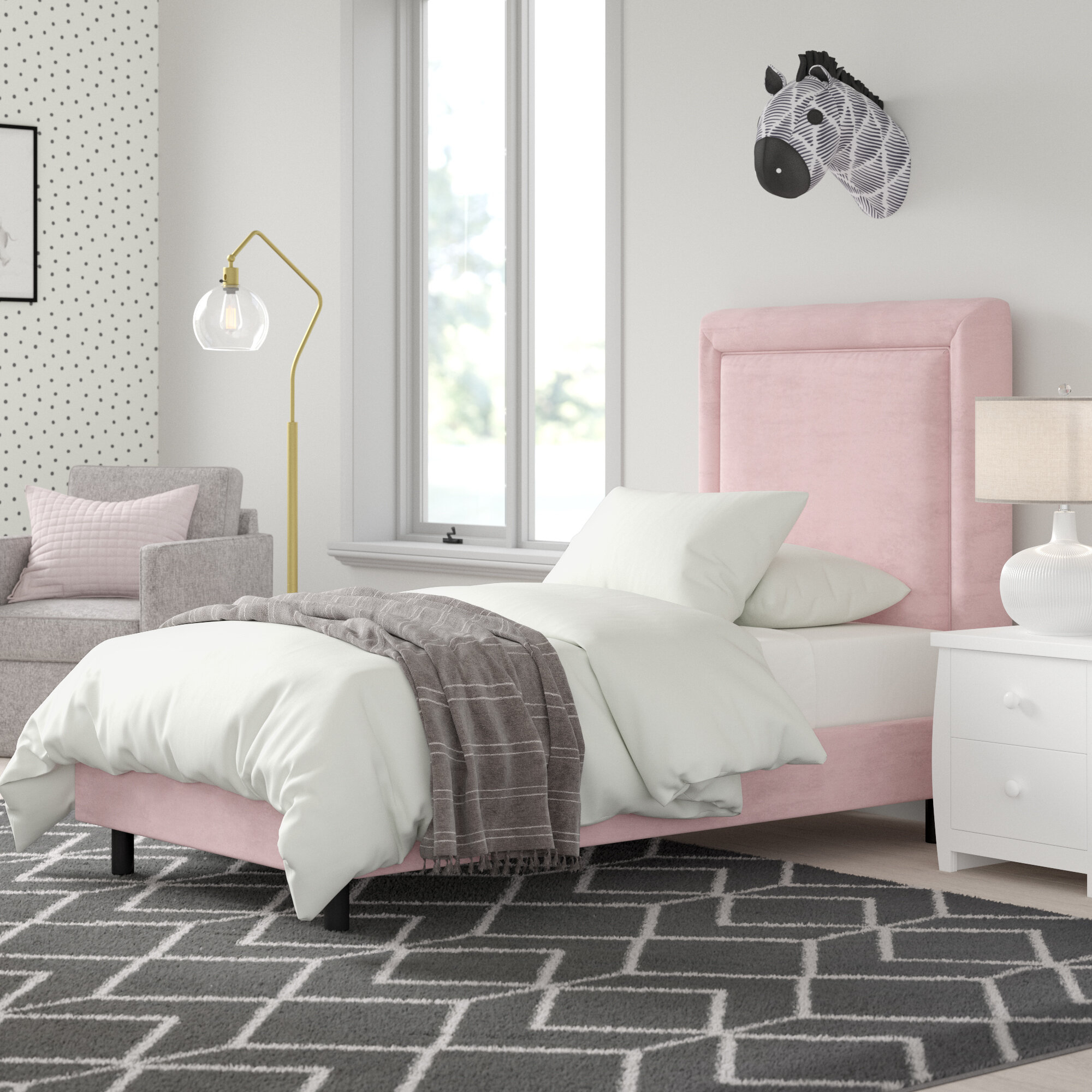 Light Pink Microfiber Solid Wood Panel Bed