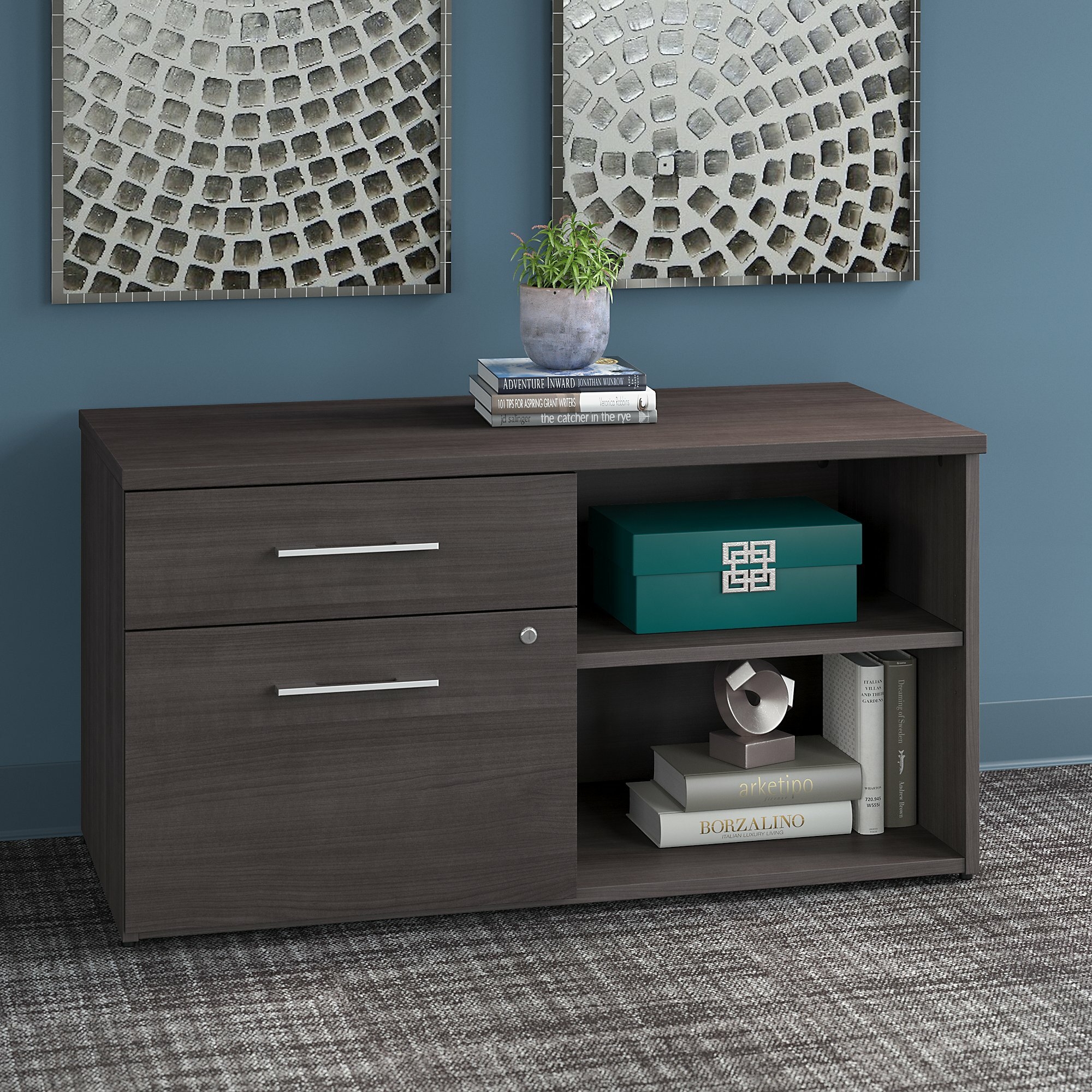Low Wooden Office Storage Cabinet in Grey