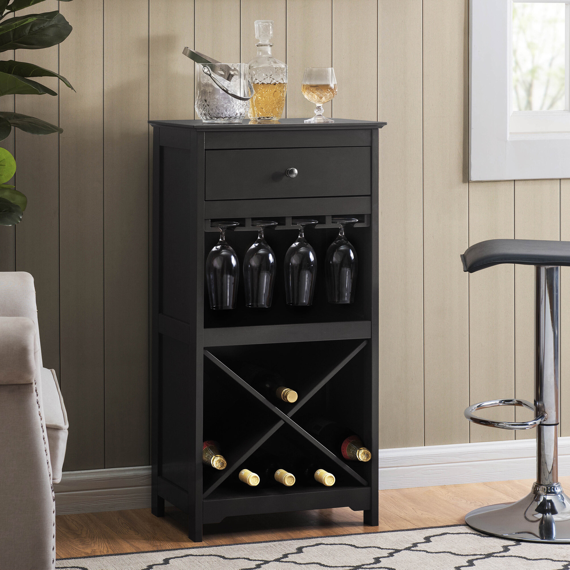 Manufactured Wood Floor Wine Bottle And Glass Rack