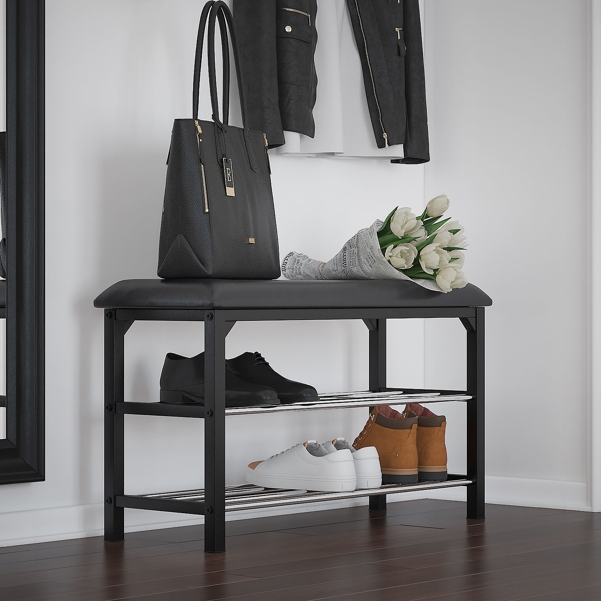 Metal Faux Leather Shoe Storage Bench