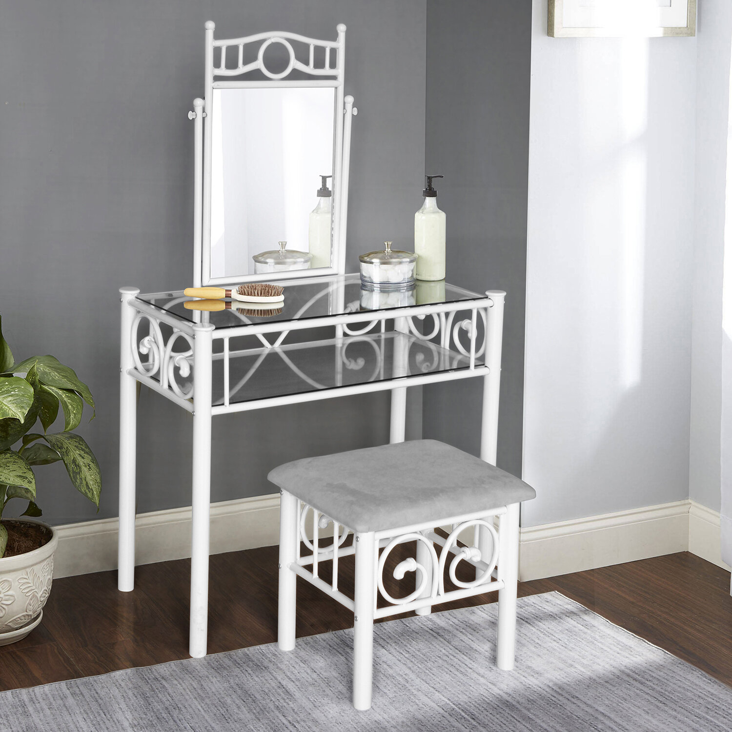Metal Vanity Set with Glass Top