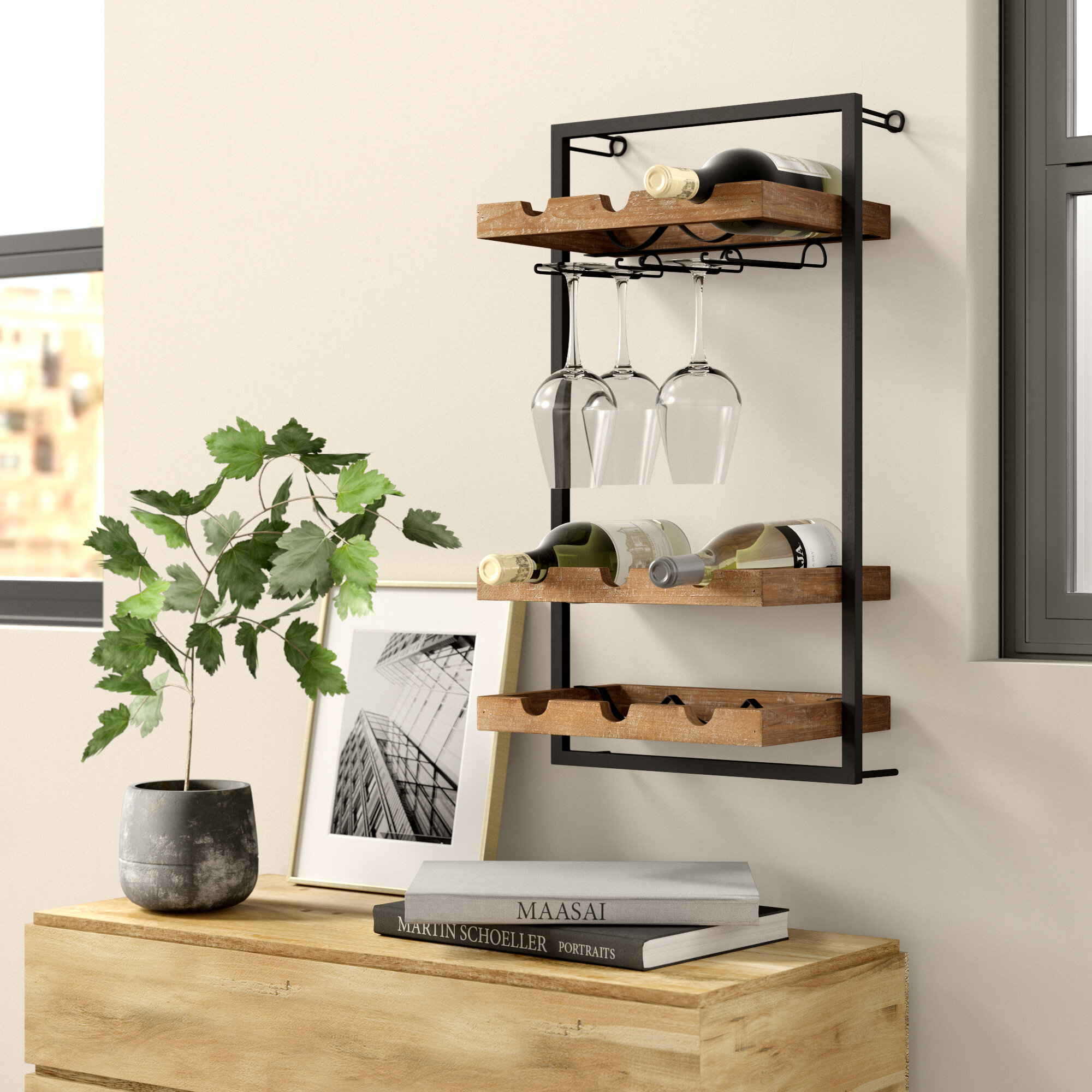 Metal Wall Mounted Wine Bottle And Glass Rack