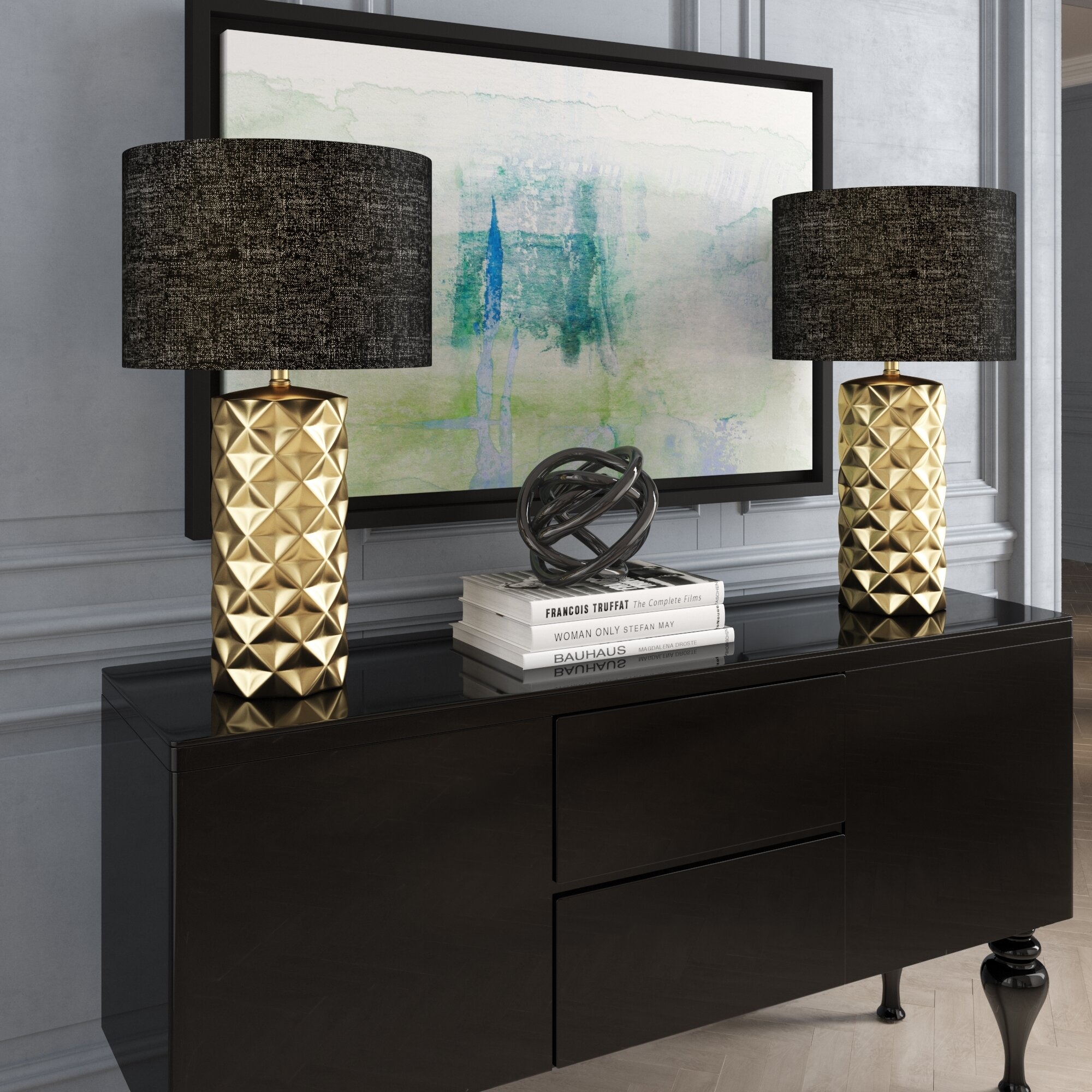 Metallic Ceramic Drum Table Lamp Set