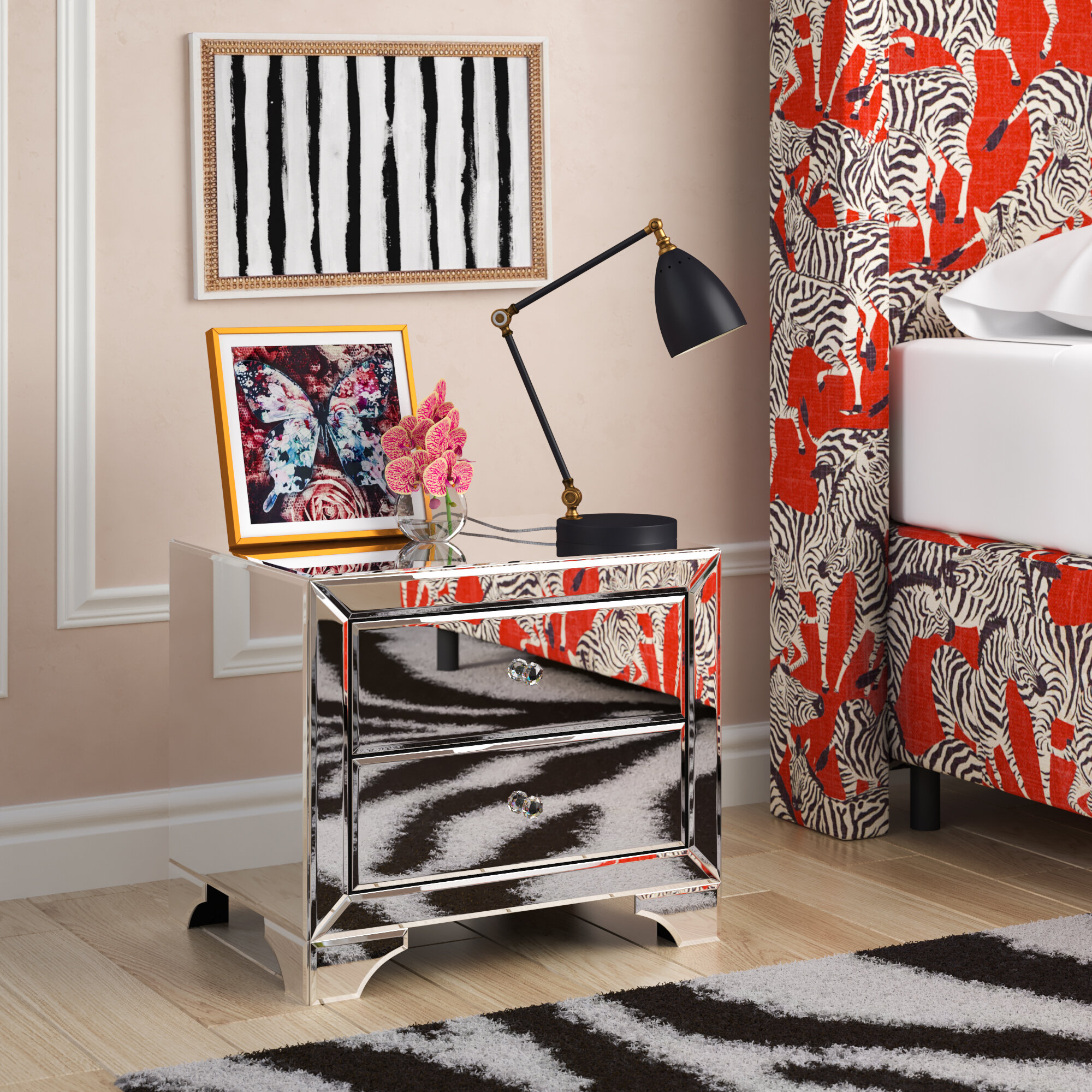 Mirrored Glass Manufactured Wood Nightstand