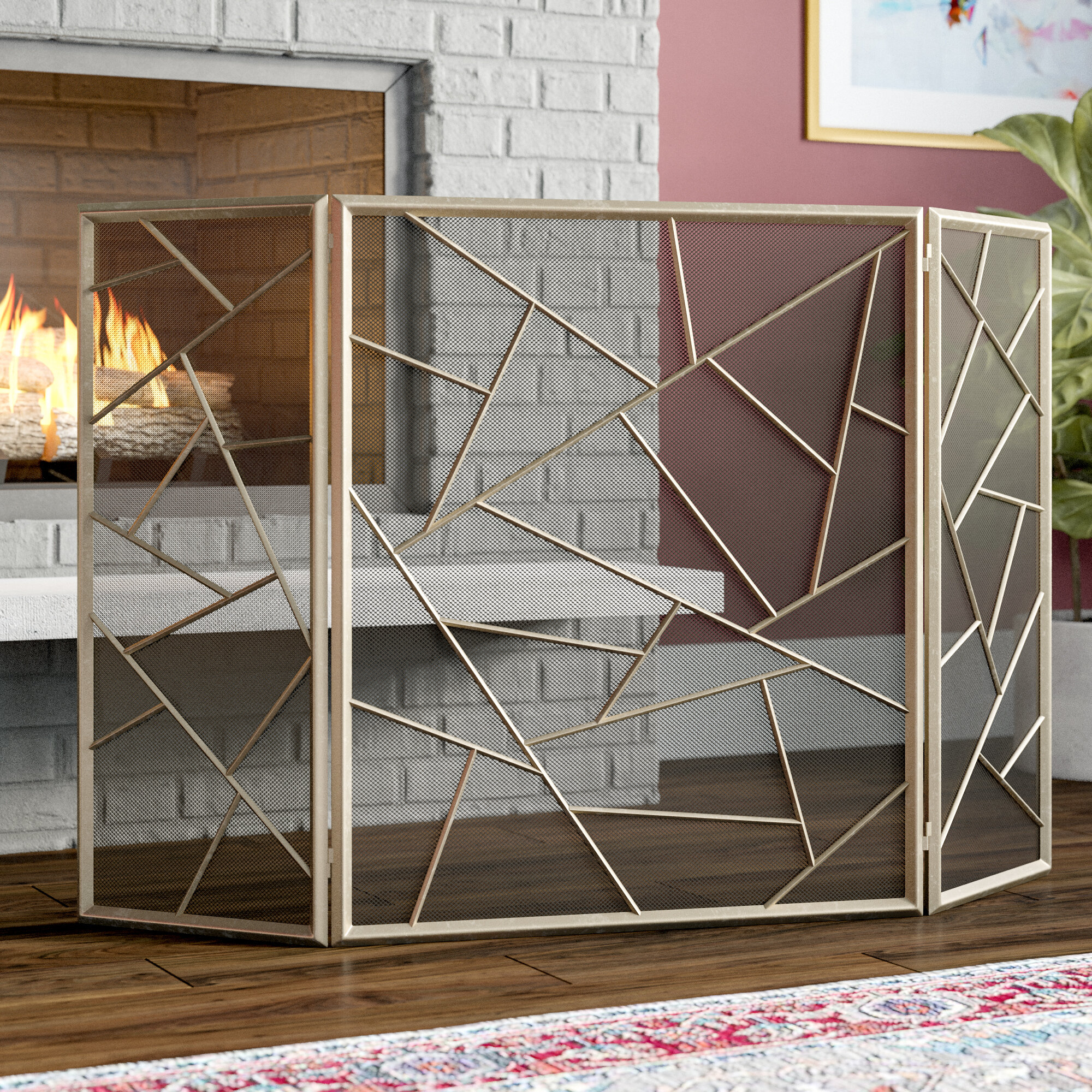 Multi Panel Gold Metal Fireplace Screen