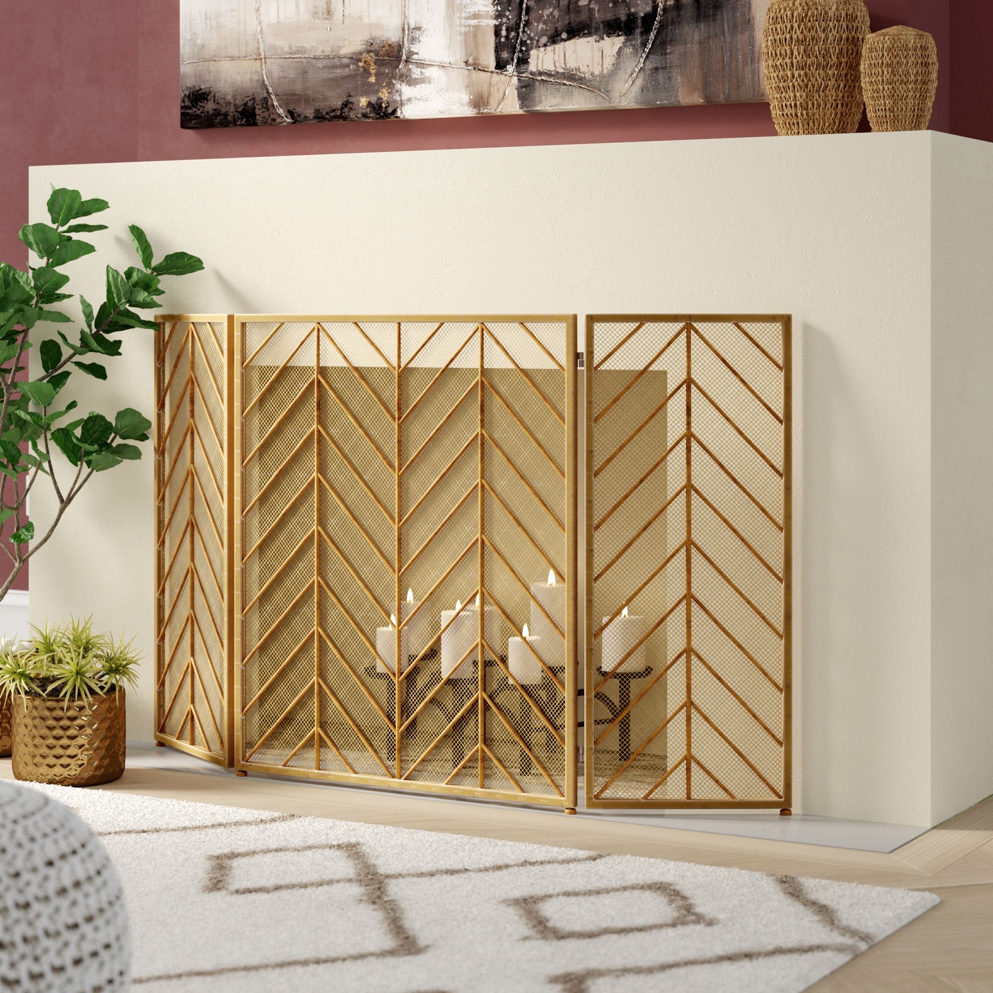 Multi Panel Gold Tin Fireplace Screen