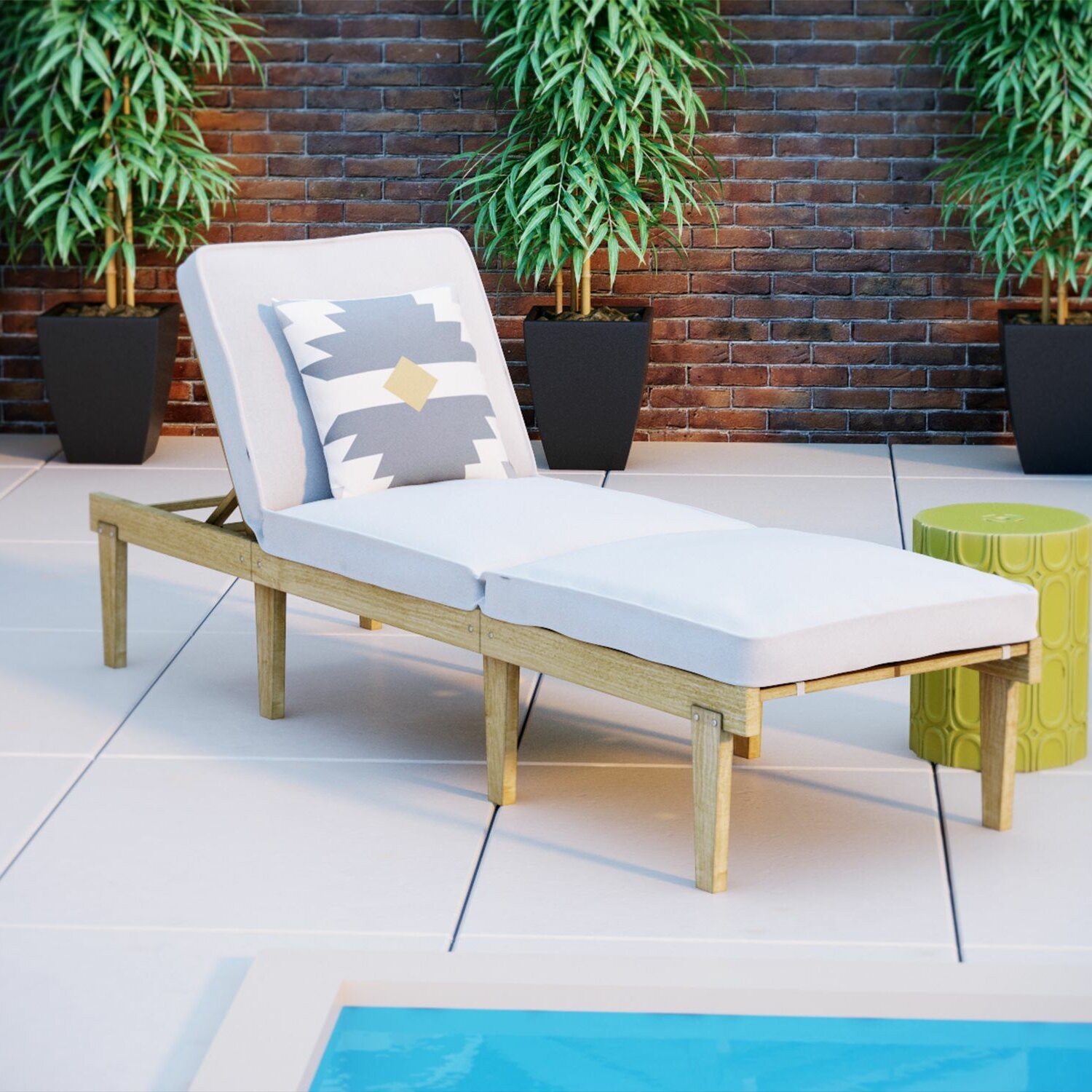 Natural Solid Wood Chaise Lounge With Cushion