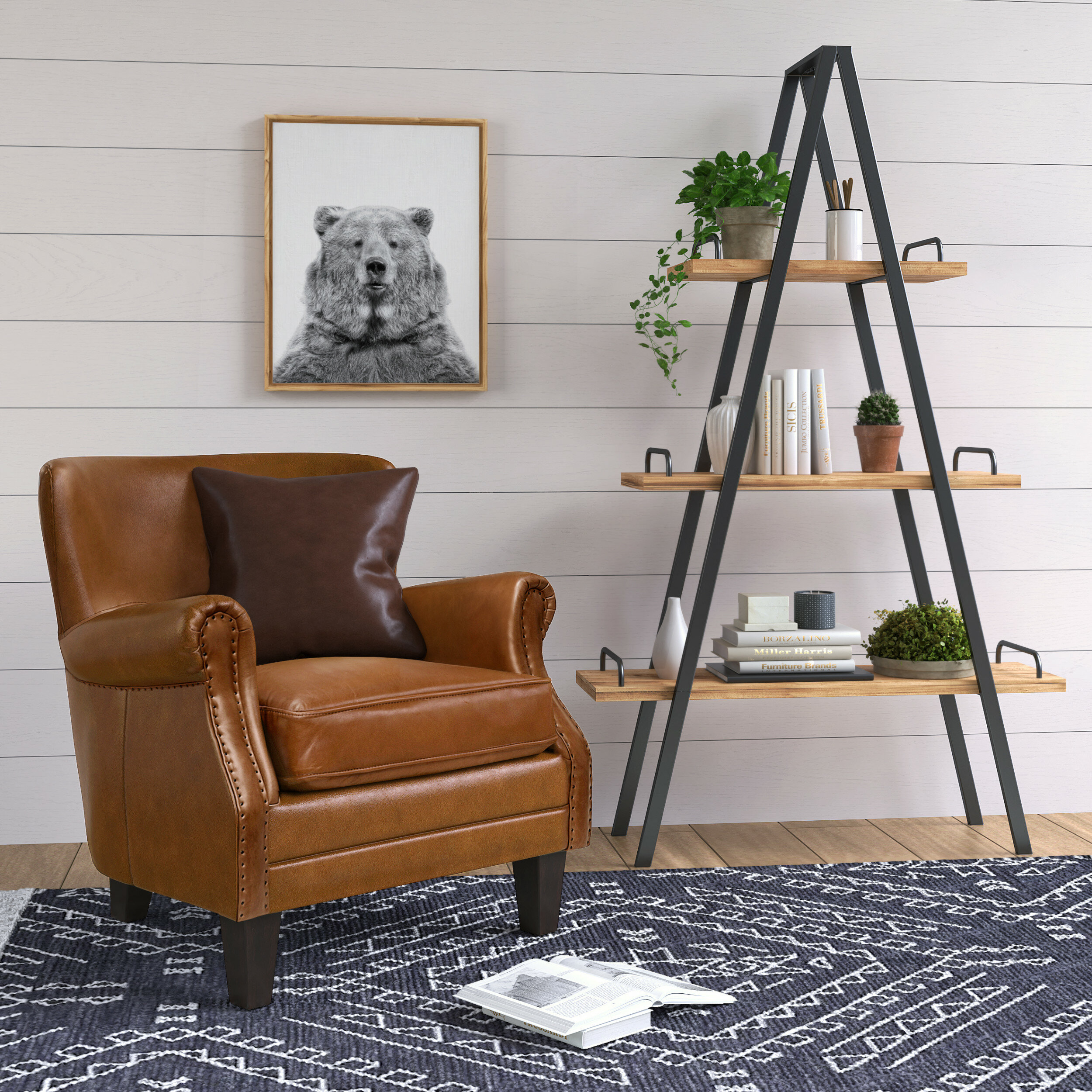 Natural Solid Wood Metal Ladder Bookcase