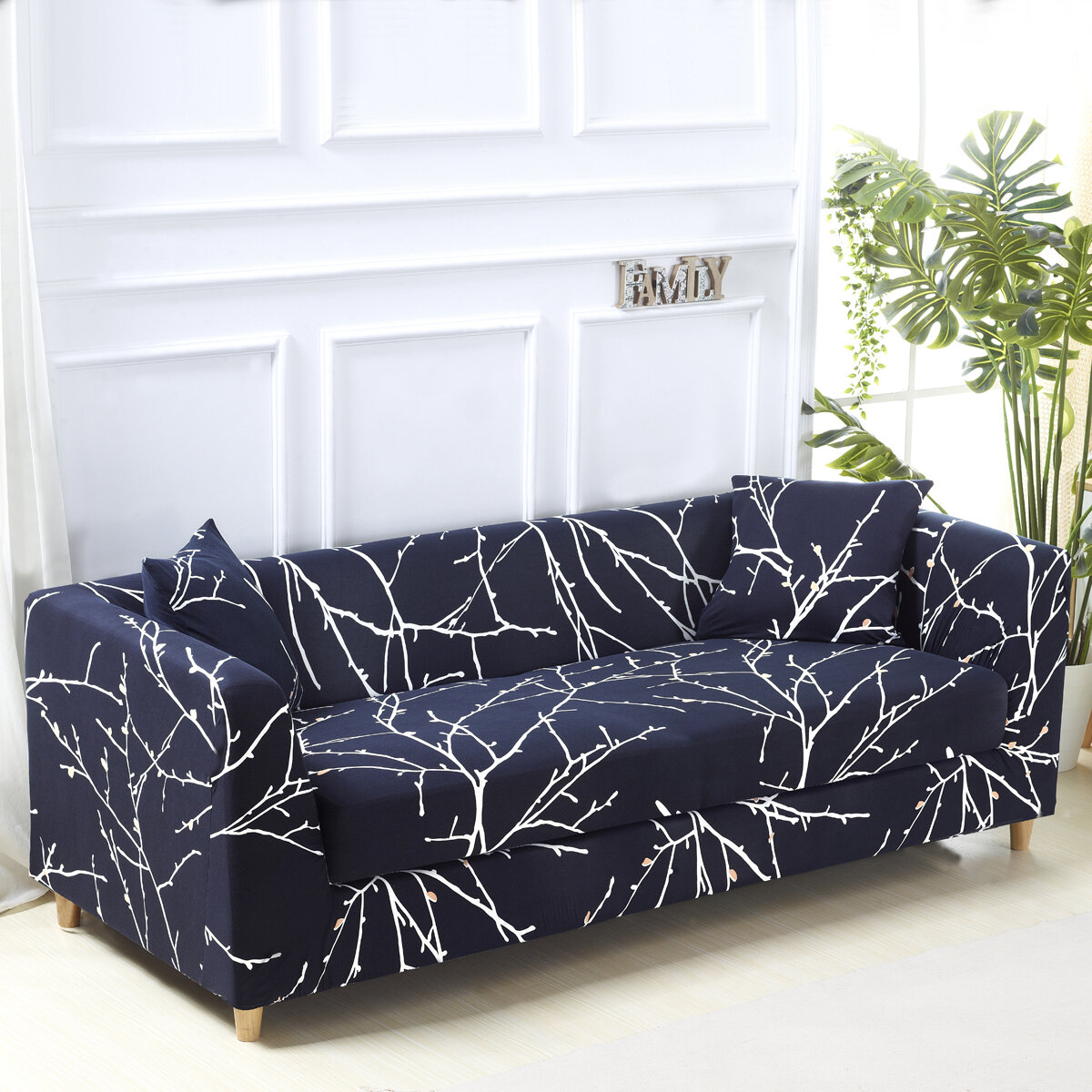 Navy Blue Elastic Edges Sofa Slipcover