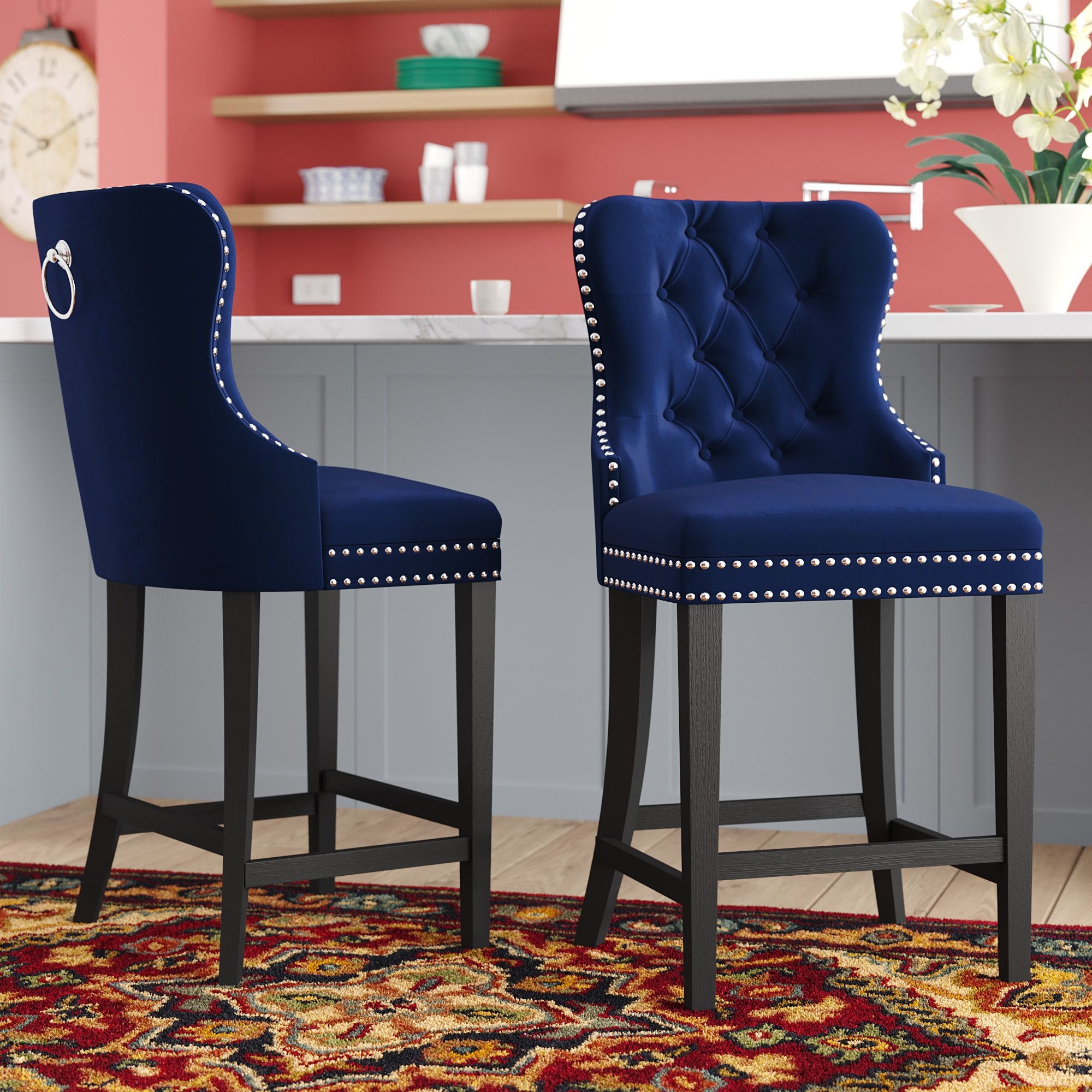 Navy Velvet Solid Wood Full Back Bar Stool