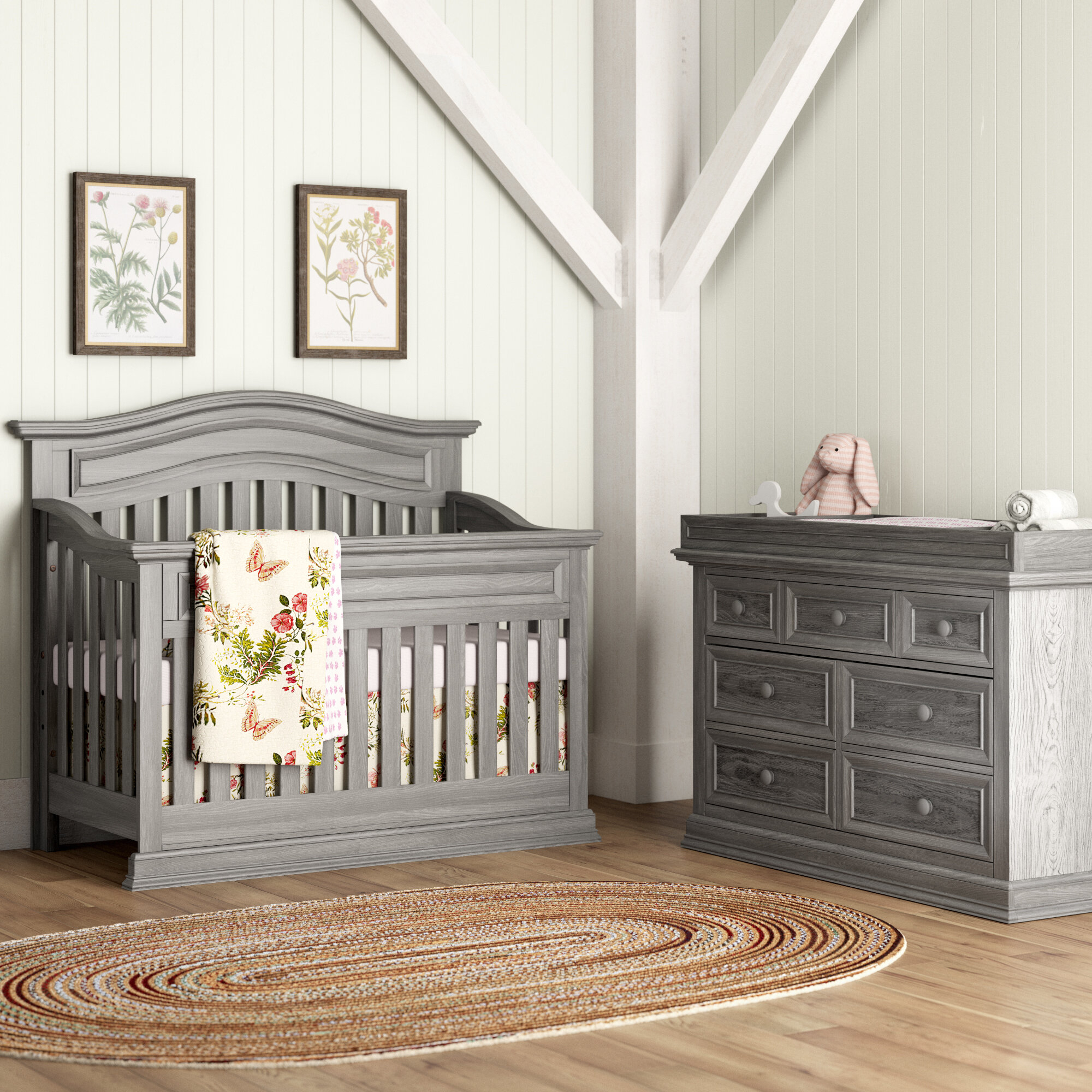 Nursery Crib Set in Grey Wood