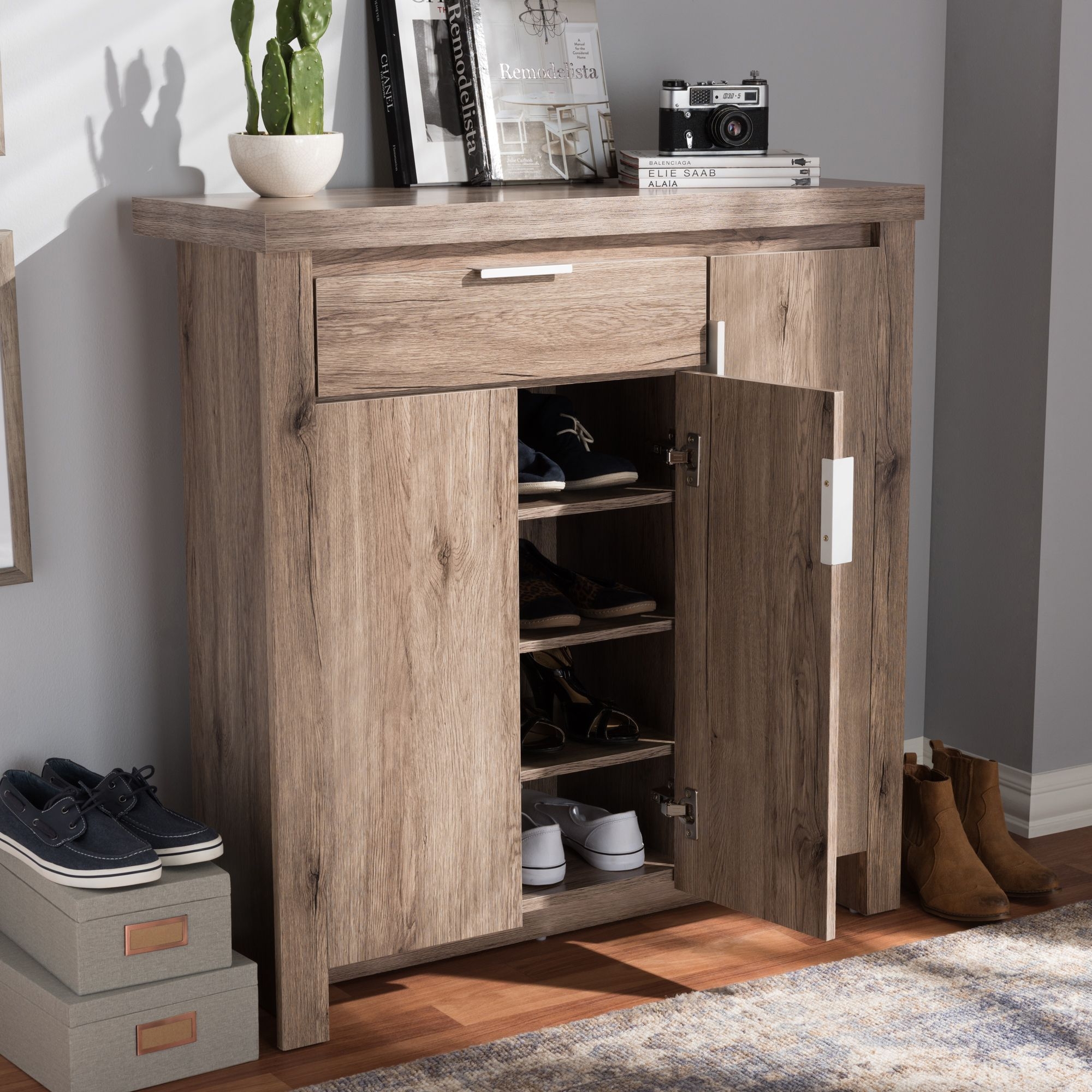Oak Brown Manufactured Wood Shoe Storage Cabinet
