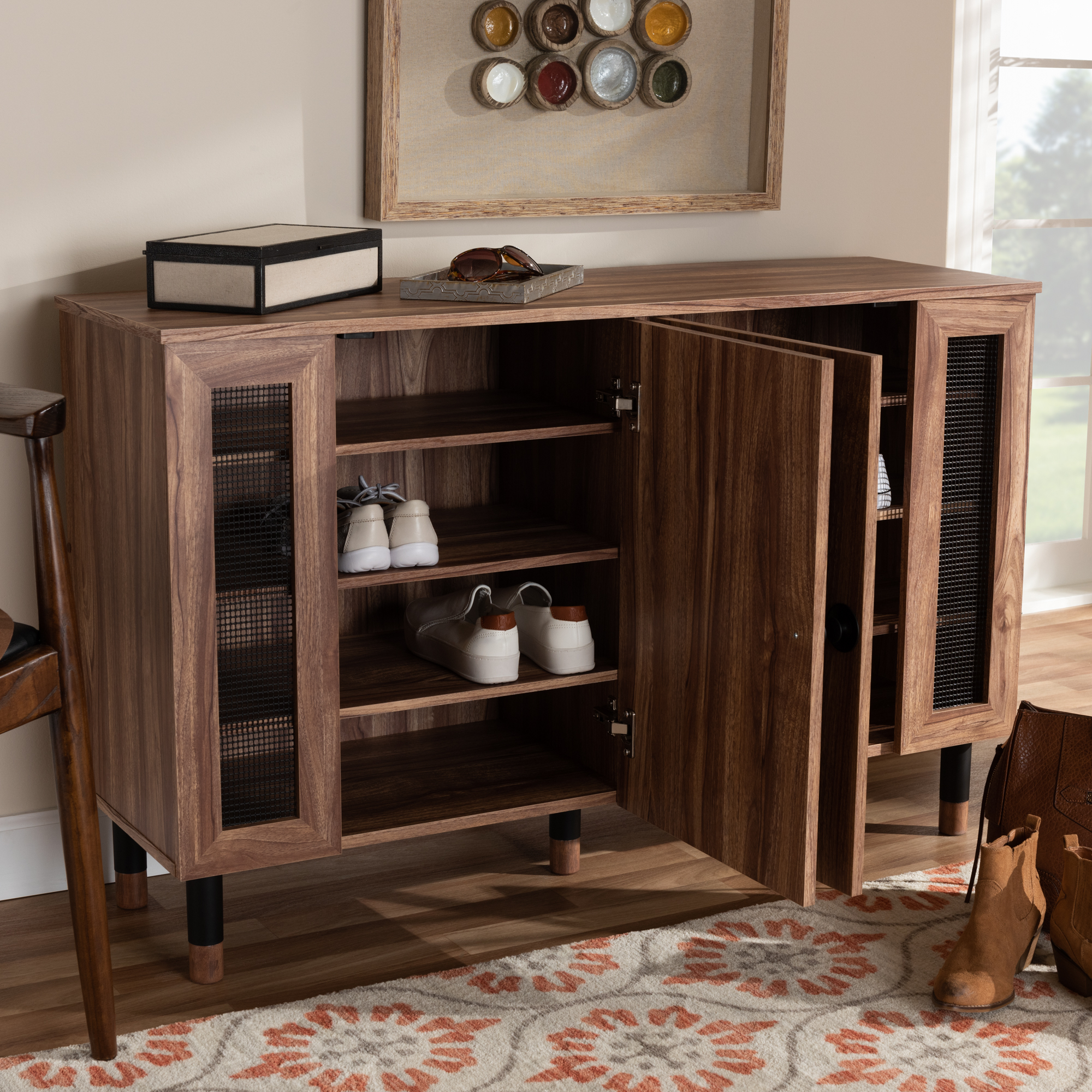 Oak Finish Manufactured Wood Shoe Storage Cabinet