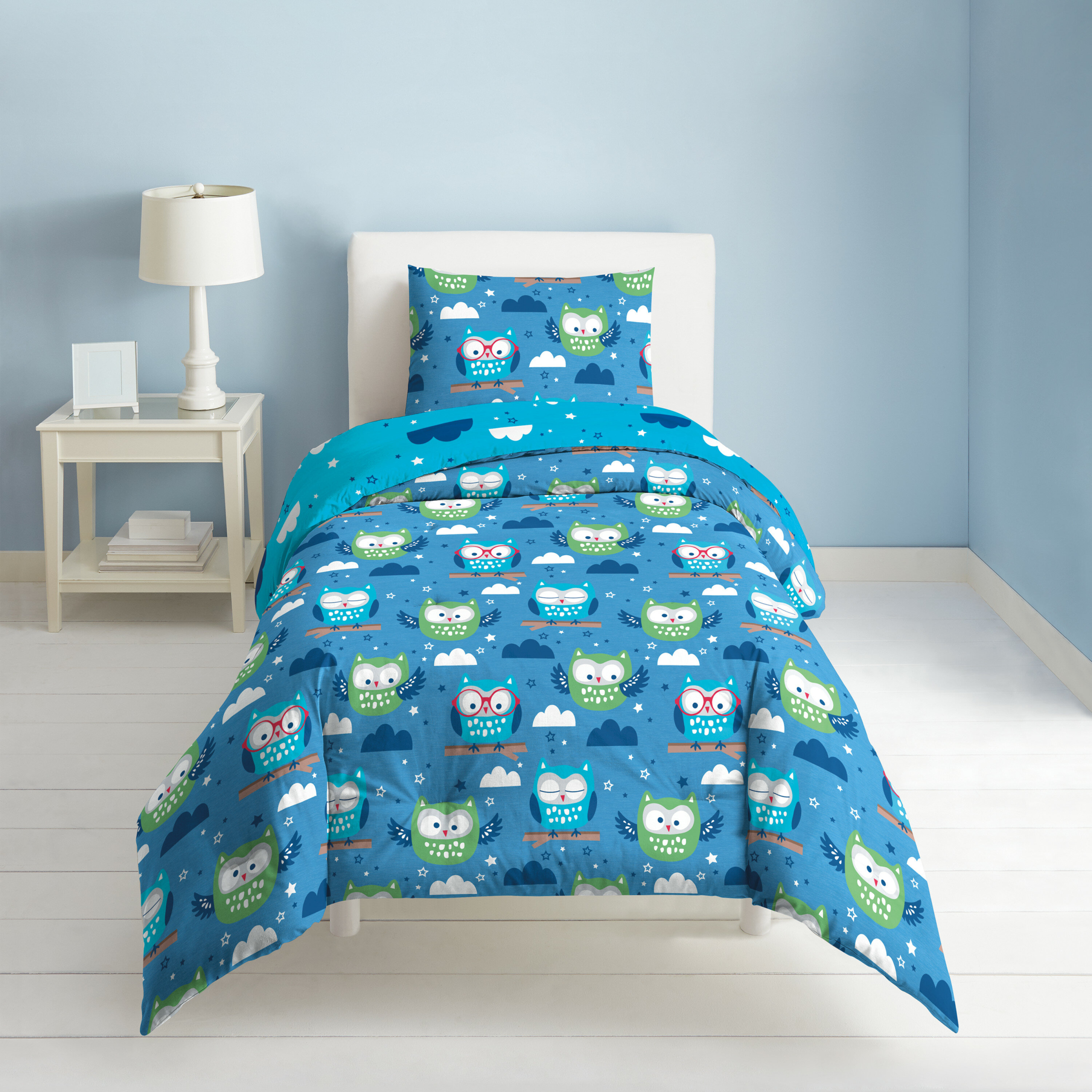 Owl Blue Cotton Toddler Bedding Set