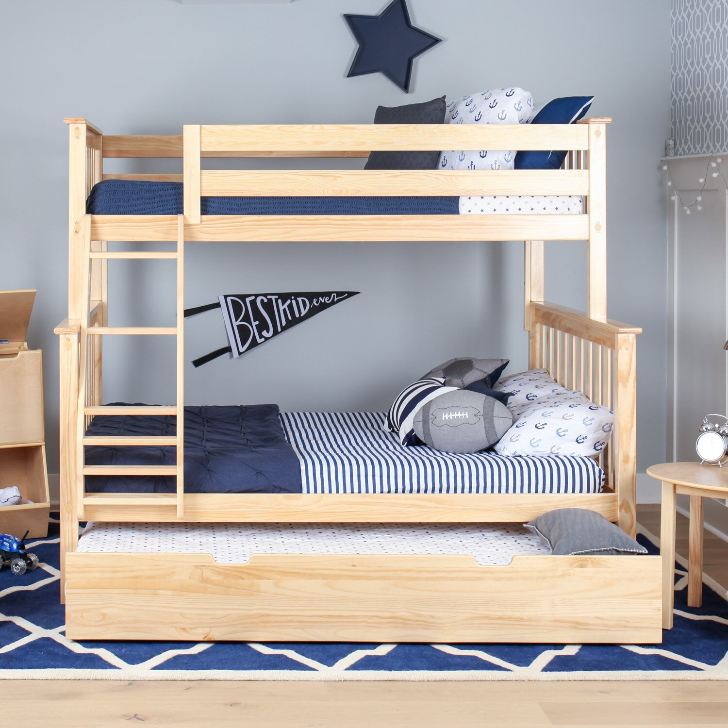 Pine Solid Wood Bunk Bed With Trundle